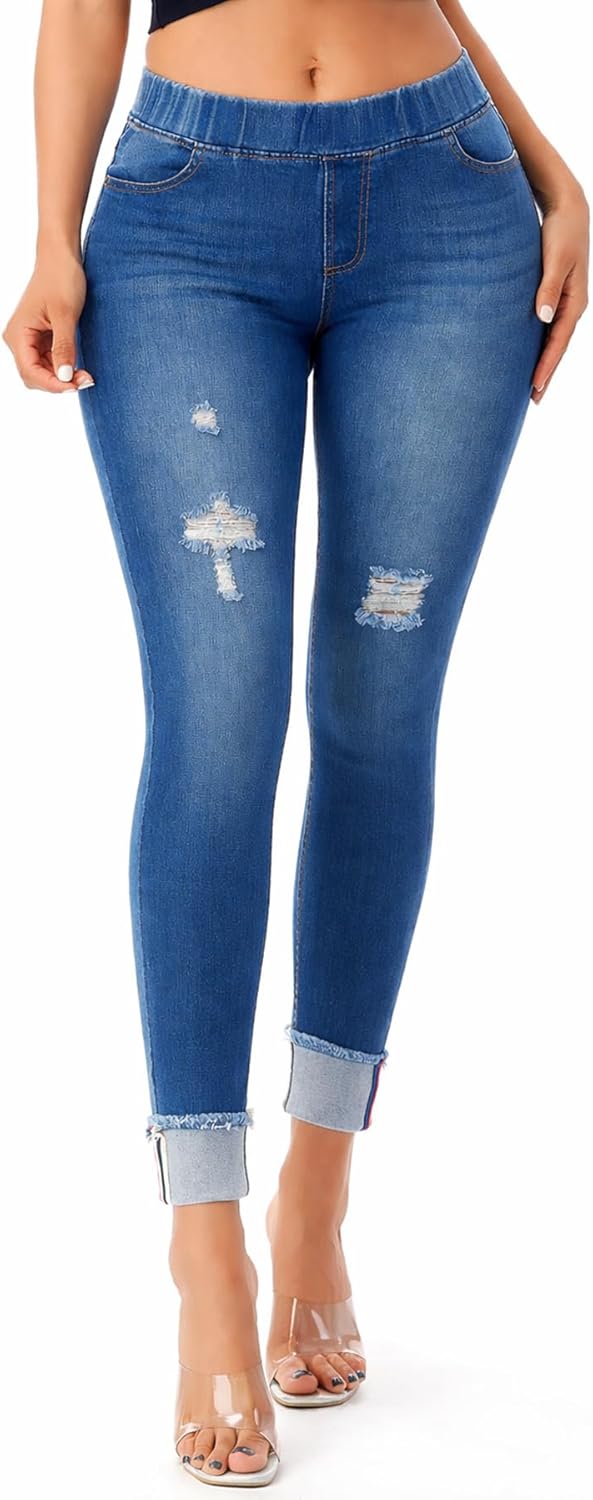 Jvini Women’s Stretch Denim Pull On Jeans with Pockets – Ripped Distressed Elastic Waist Jeggings Skinny Denim Pants