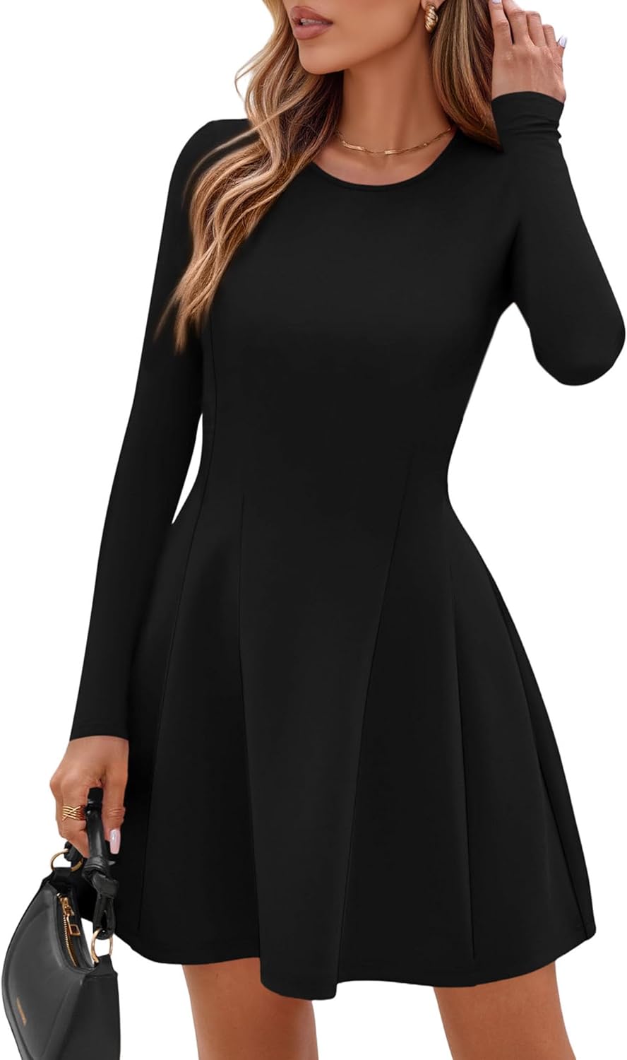 PRETTYGARDEN Long Sleeve Mini Dress for Women 2026 Spring Crewneck Knit Pleated Babydoll A Line Casual Short Party Dresses - Image 3