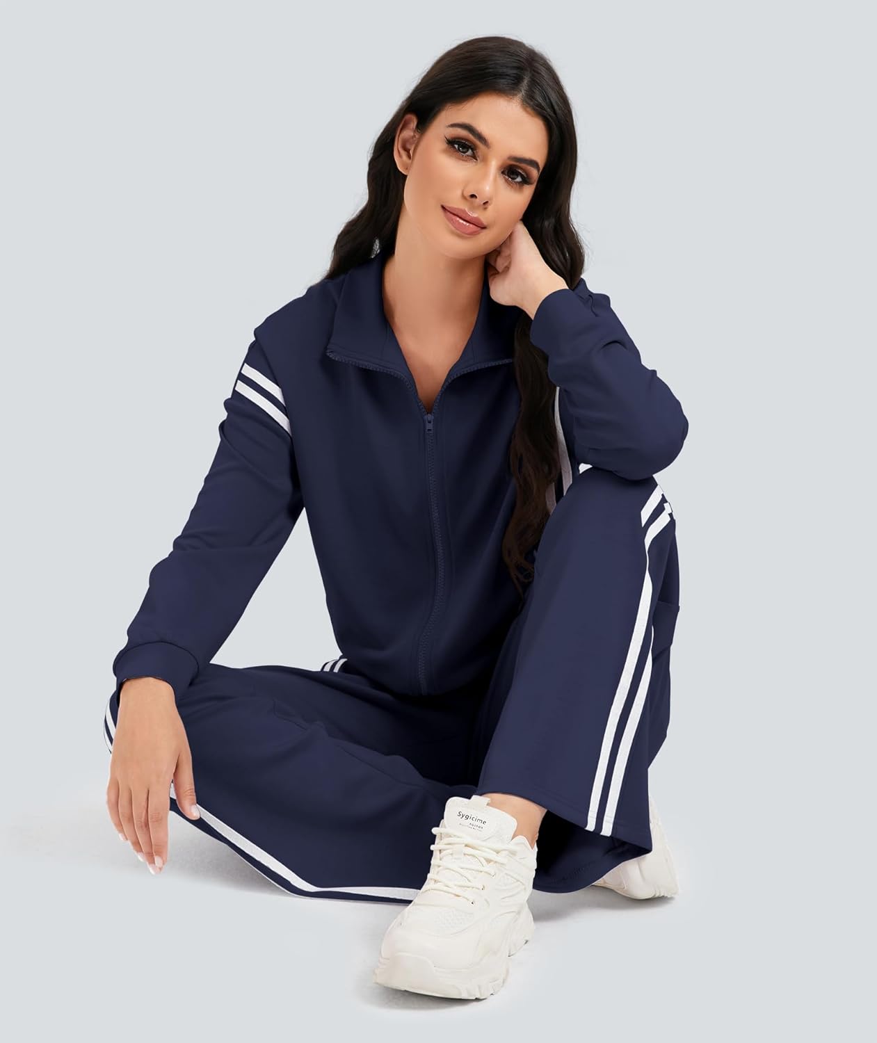 Casly Lamiit Women's 2 Piece Lounge Outfits Zip Up Sweat Set Contrast Striped Wide Leg Jogging Pants Travel Track Suit - Image 6