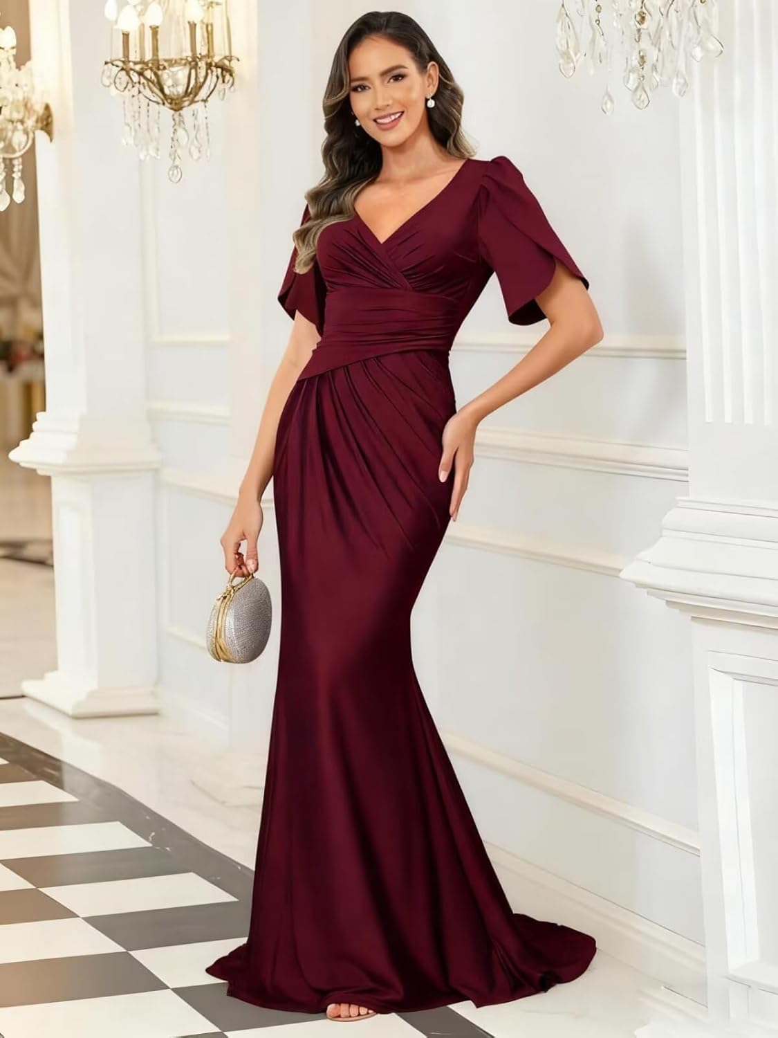 Satin Mermaid Mother of The Bride Dresses for Women Short Sleeve Long V Neck Formal Dress for Women - Image 3