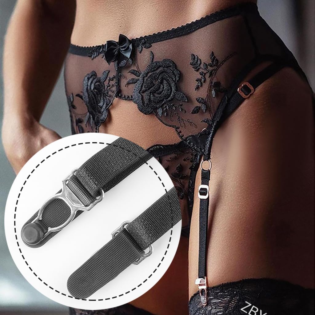 Lace Garter Belt Thong Set for Women Suspender Lingerie with 4 Metal Clips Holder Belts for Stockings+G-string - Image 3