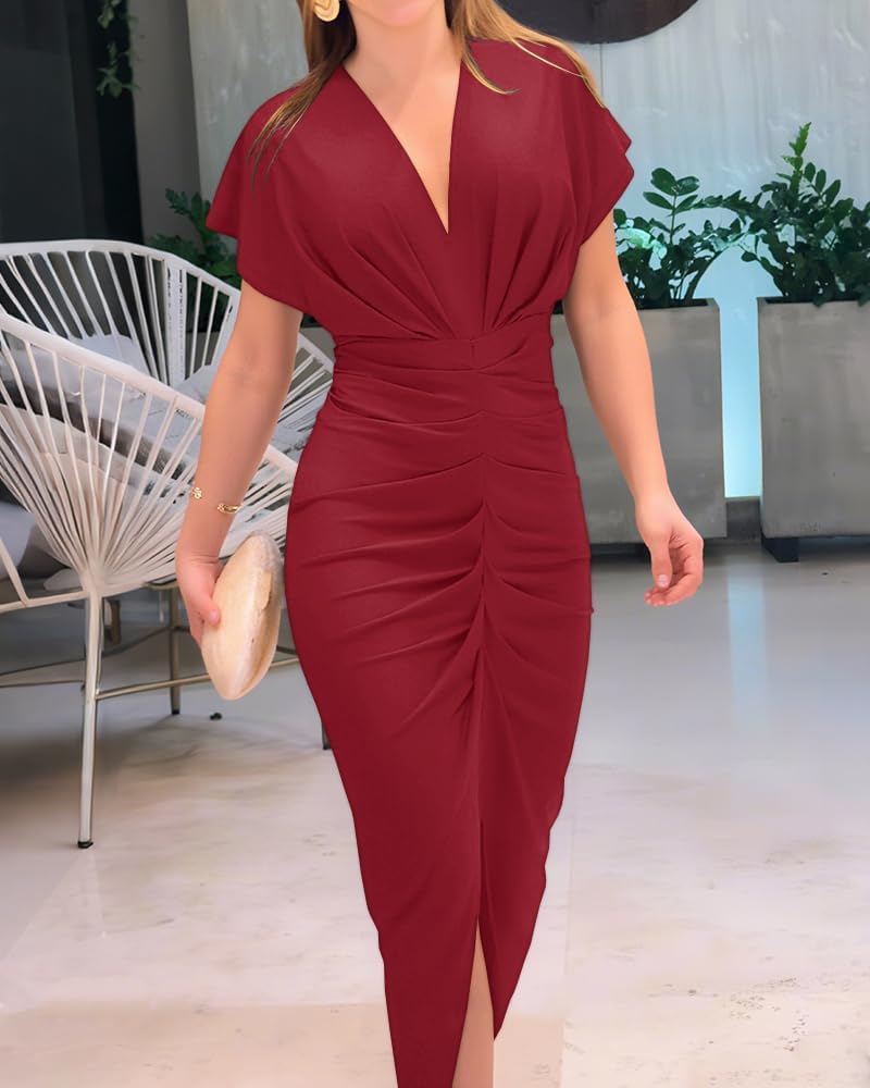 CHICME Summer Dresses for Women Floral Print Plunge V Neck Midi Dress Casual Ruched Slit Bodycon Party Dress - Image 5