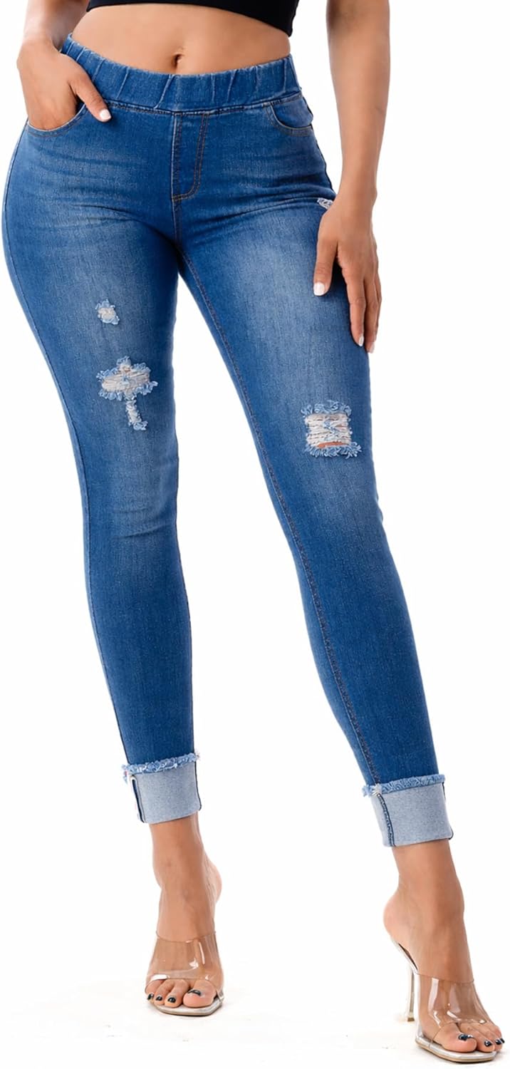 Jvini Women’s Stretch Denim Pull On Jeans with Pockets – Ripped Distressed Elastic Waist Jeggings Skinny Denim Pants - Image 2