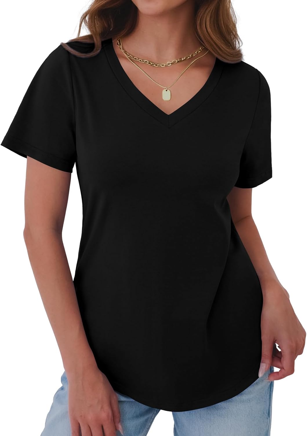 GKBK Womens T Shirts V Neck Short Sleeve Cotton Tops Summer Curved Hem Trendy Basic Tee Shirt S-XXL - Image 5