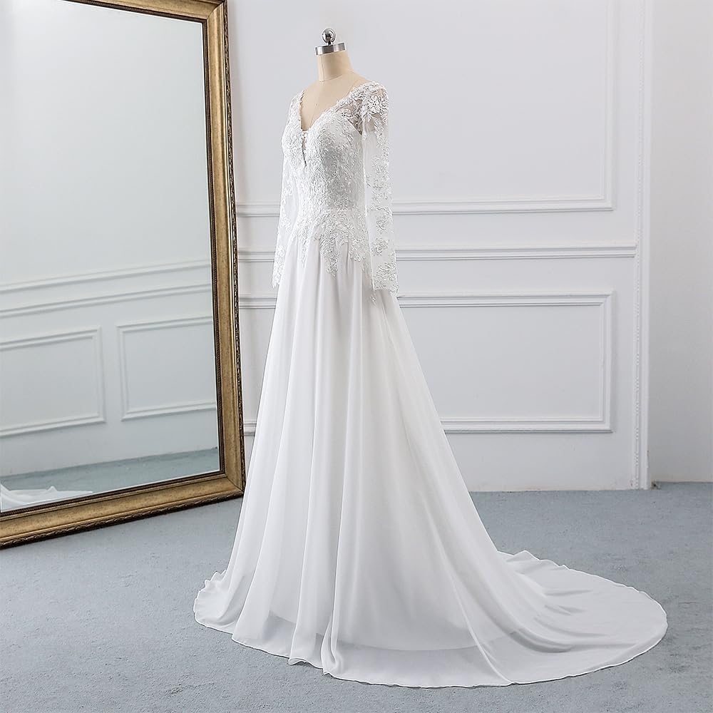 Findlovewedding Wedding Dresses for Bride with Lace Appliques Chiffon A Line Women Dress Long Sleeves Beach Bride Dress - Image 3