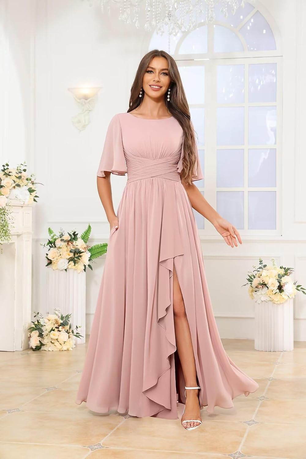 OFEECHUN Flutter Sleeve Chiffon Bridesmaid Dresses for Women with Slit A Line Ruffle Formal Wedding Guest Dress with Pockets - Image 4
