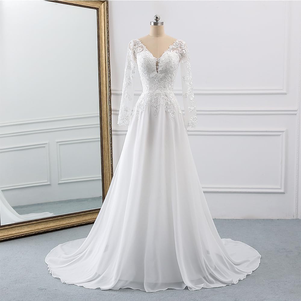 Findlovewedding Wedding Dresses for Bride with Lace Appliques Chiffon A Line Women Dress Long Sleeves Beach Bride Dress - Image 2