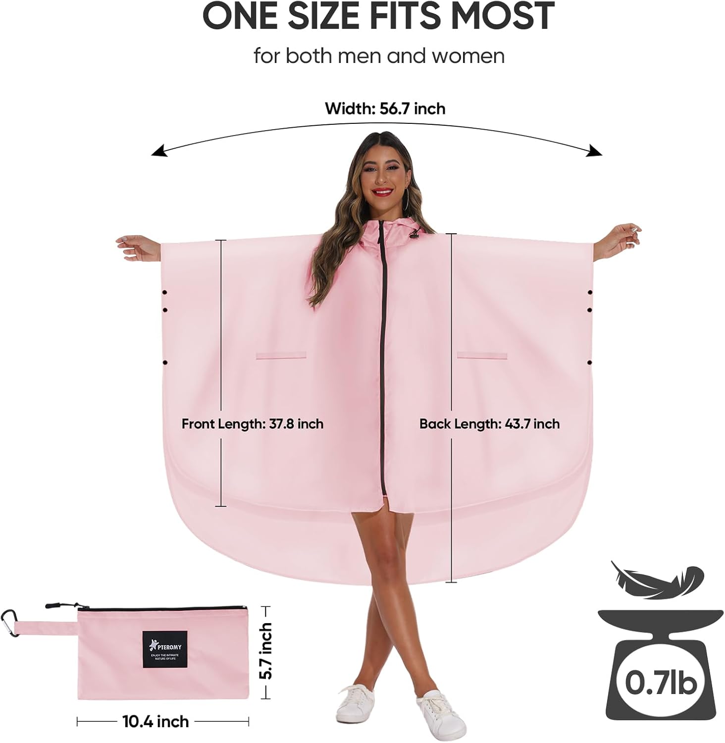 PTEROMY Hooded Rain Poncho for Adult with Pocket and Zipper, Waterproof Lightweight Raincoat for Men and Women - Image 2
