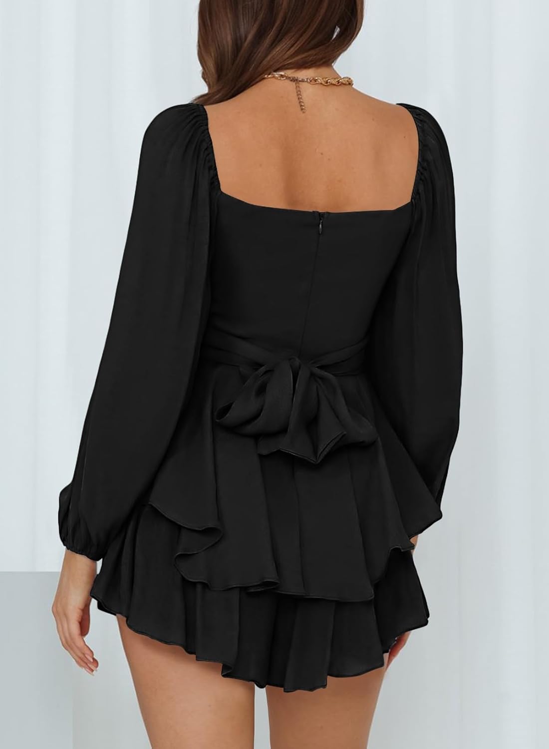 Fixmatti Women off Shoulder Rompers Lantern Long Sleeve Ruffle Tie Mini Shorts Jumpsuit - Image 7