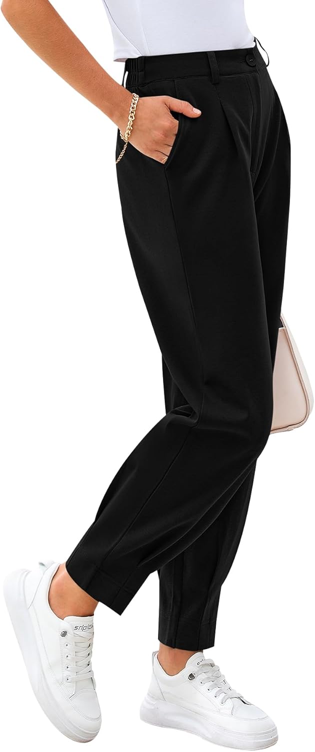 CFLONGE Women's Summer High Waisted Pants for Women 2026 Casual Ankle Length Pant for Work Office Trouser Slacks with Pockets