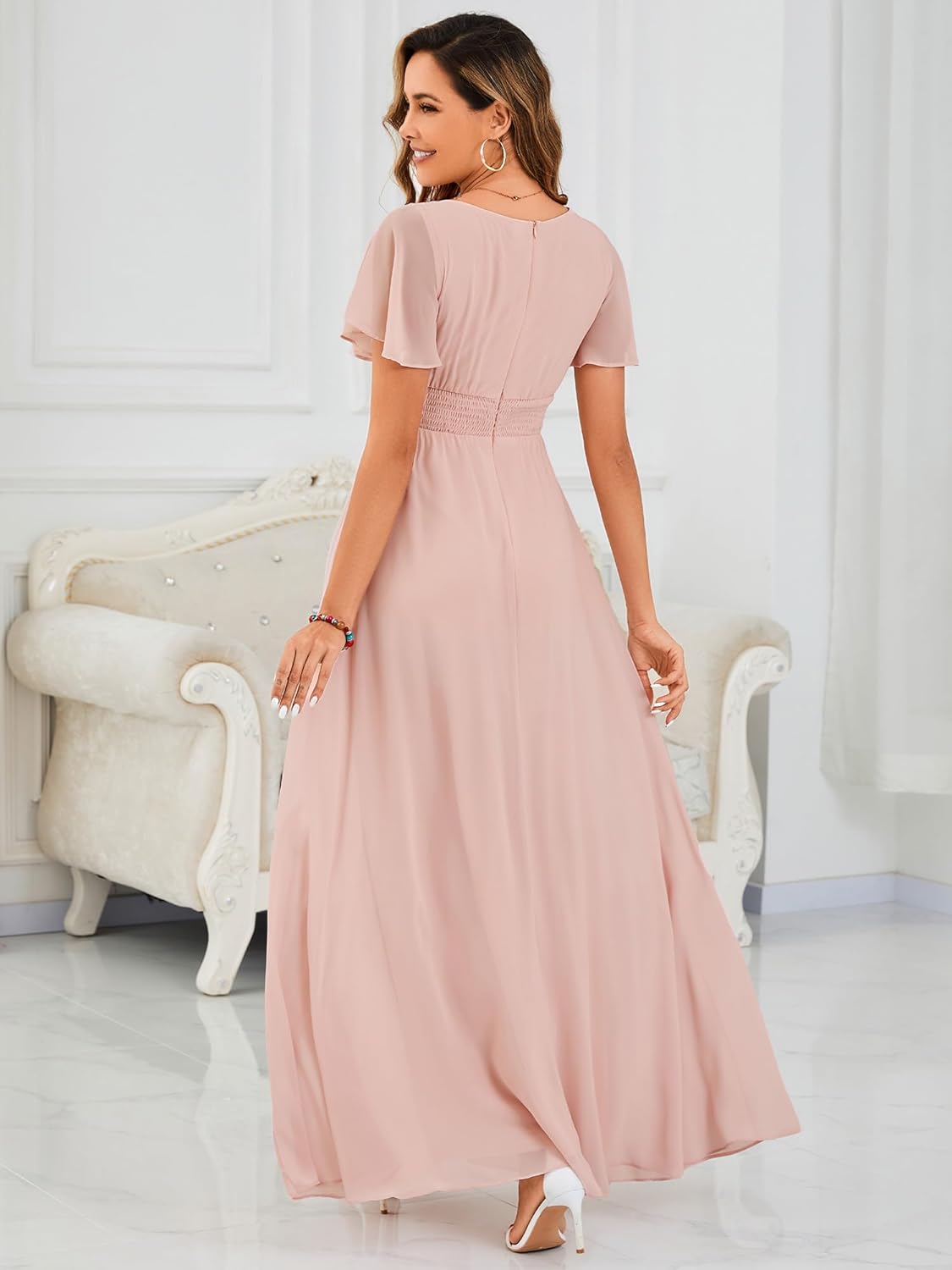 Ever-Pretty Women's Spring Elegant Round Neck Short Sleeve Chiffon Empire Waist Floor Length Formal Dresses Bridesmaid Dress - Image 2
