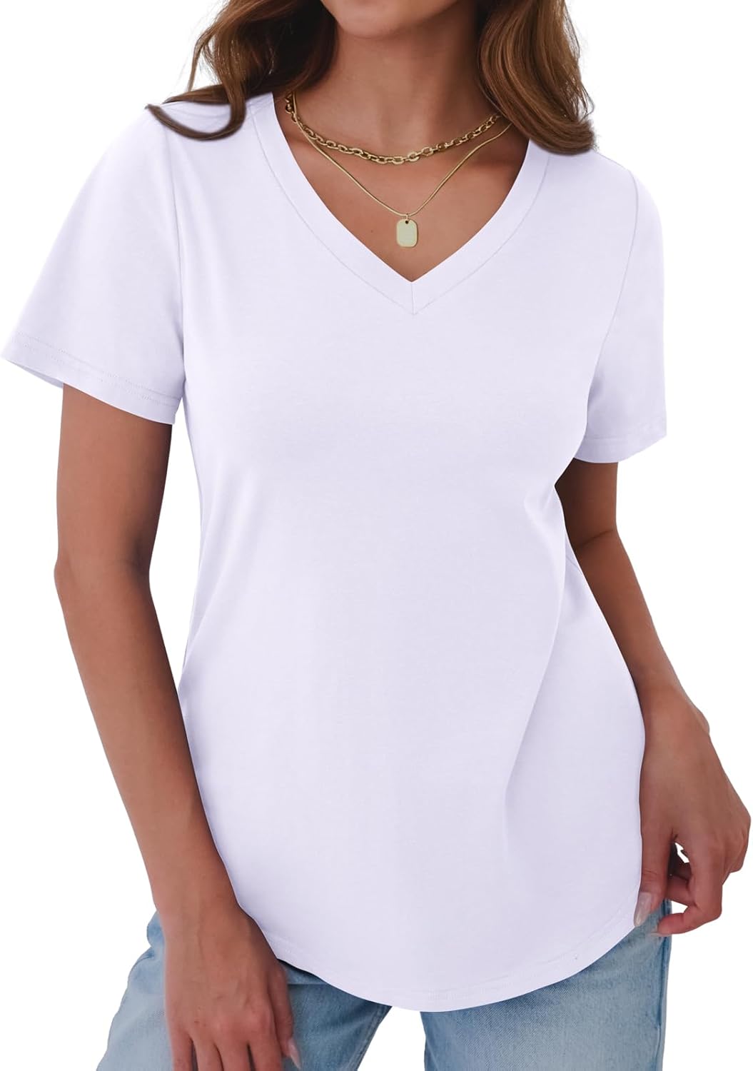 GKBK Womens T Shirts V Neck Short Sleeve Cotton Tops Summer Curved Hem Trendy Basic Tee Shirt S-XXL - Image 5