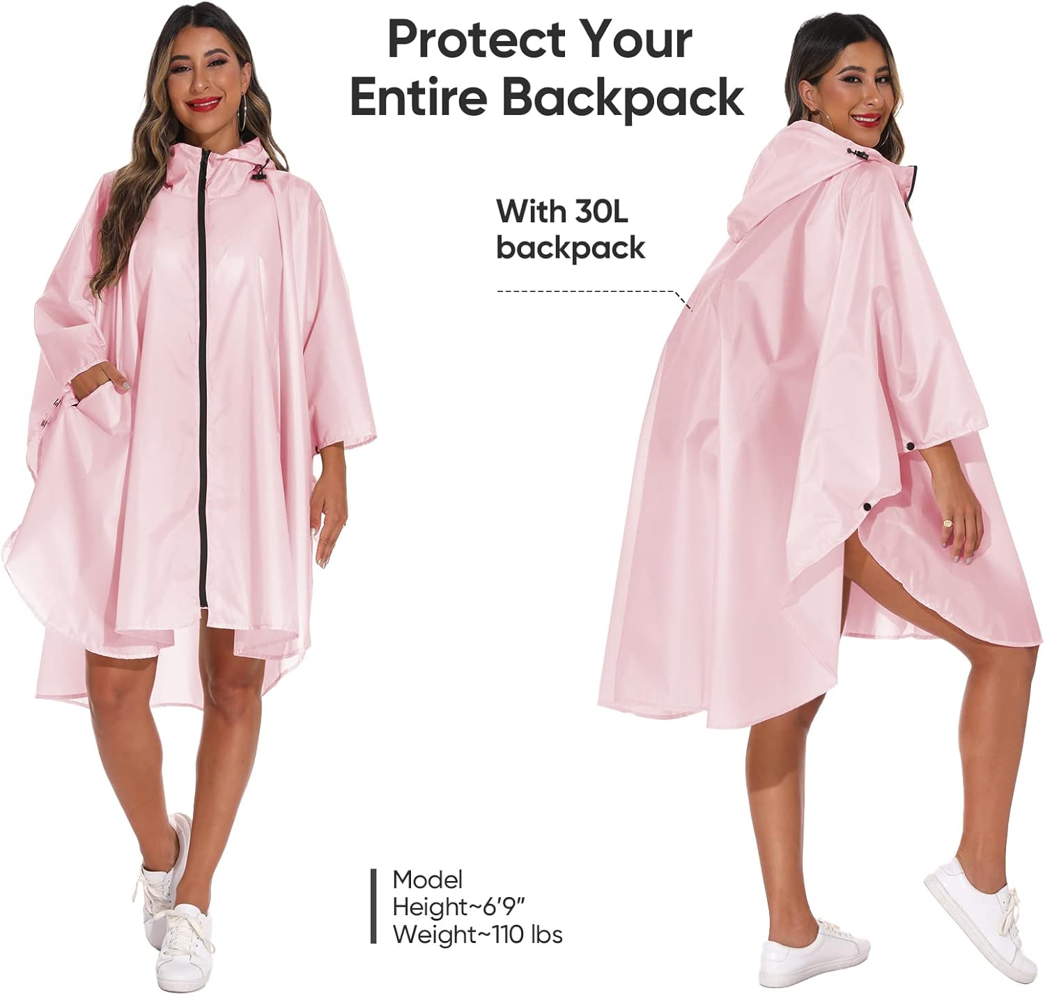 PTEROMY Hooded Rain Poncho for Adult with Pocket and Zipper, Waterproof Lightweight Raincoat for Men and Women - Image 3