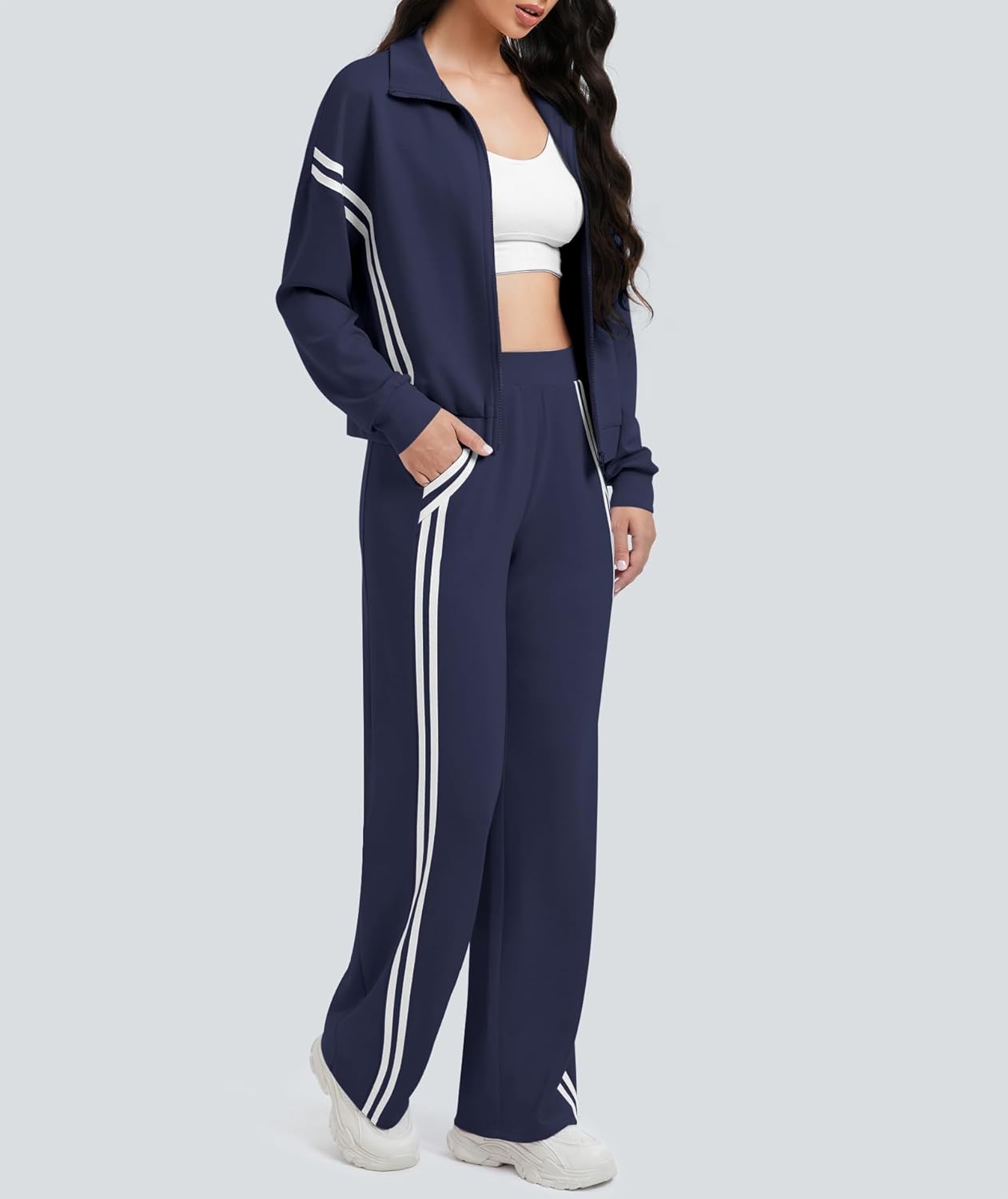 Casly Lamiit Women's 2 Piece Lounge Outfits Zip Up Sweat Set Contrast Striped Wide Leg Jogging Pants Travel Track Suit - Image 3