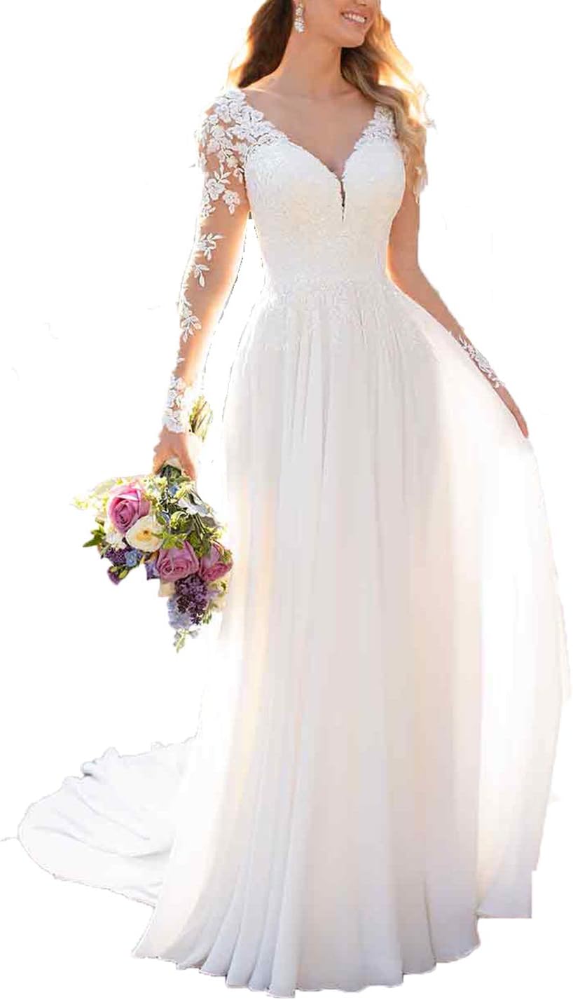 Findlovewedding Wedding Dresses for Bride with Lace Appliques Chiffon A Line Women Dress Long Sleeves Beach Bride Dress