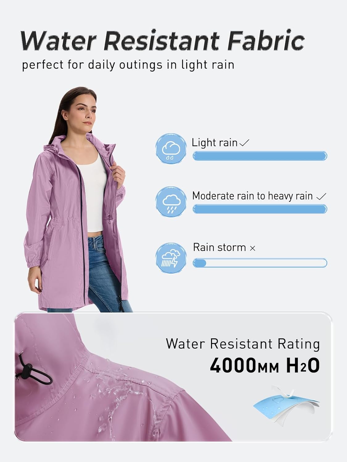 SaphiRose Women's Long Packable Raincoat Waterproof Rain Jacket Lightweight Outdoor Windbreaker with Hood - Image 3