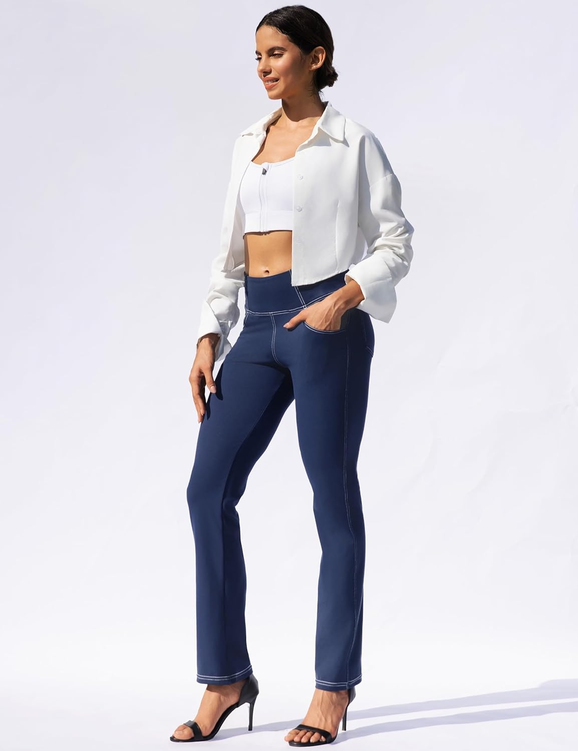 VOOVEEYA Womens Straight Leg Leggings, High Waisted Yoga Pants with Pockets Tummy Control Bootcut Casual Dress Pants - Image 3