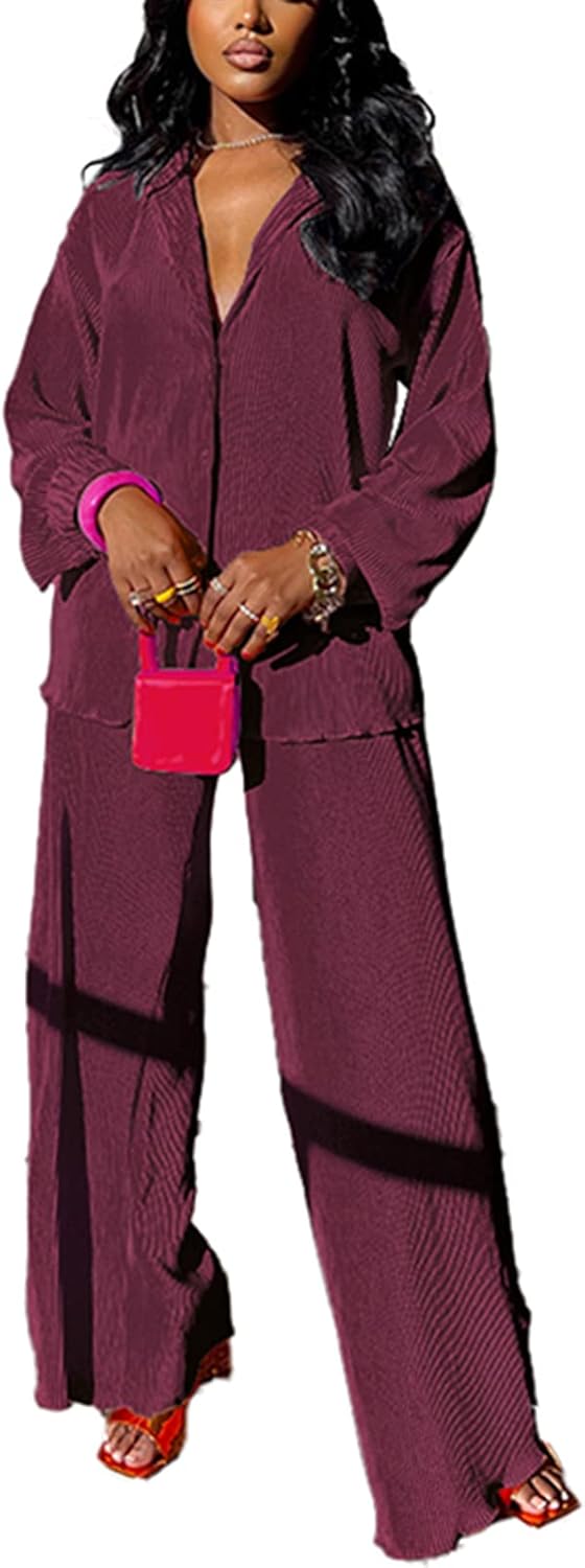 kaimimei Casual 2 Piece Outfit for Women - Linen Long Sleeve Button Down Shirt + Flare Pleated Wide Leg Pants Sets Streetwear