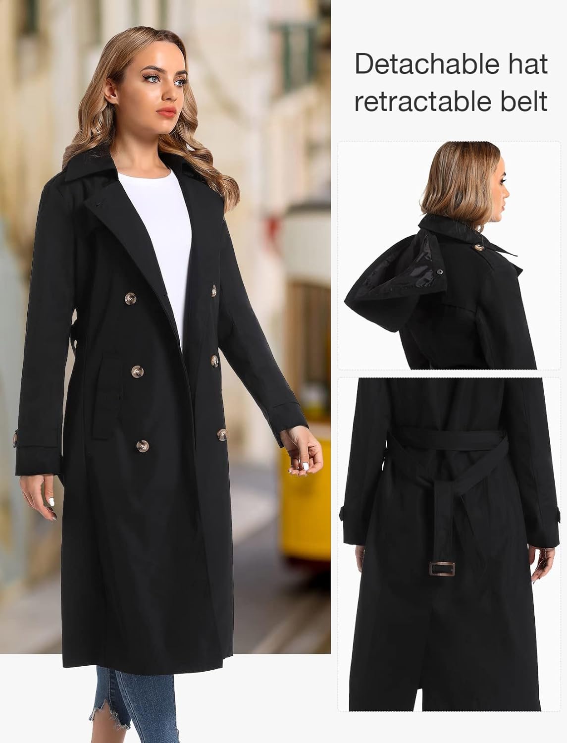 Women's Waterproof Long Trench Coat Double Breasted Length Classic Lapel Belt Coat With Removable Hood - Image 3