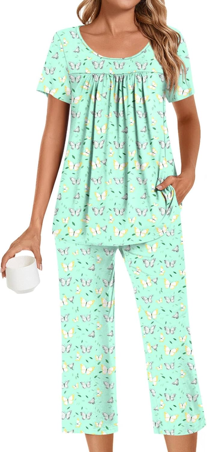 POPYOUNG Womens Pajama Sets Summer Ladies Pjs 2 Piece Loungewear Capri with Pockets Sleepwear