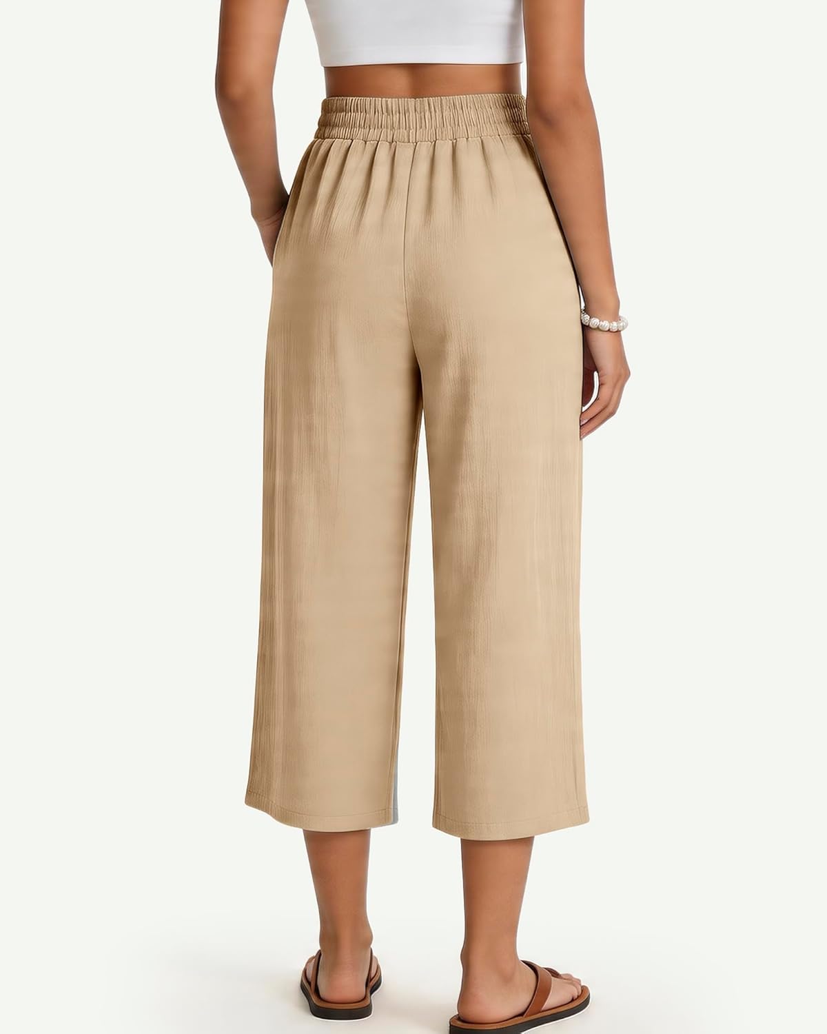 Women's Casual Capris Pants High Waist Pants Drawstring Loose Fit Summer Trousers with Pockets for Beach Vacation - Image 3