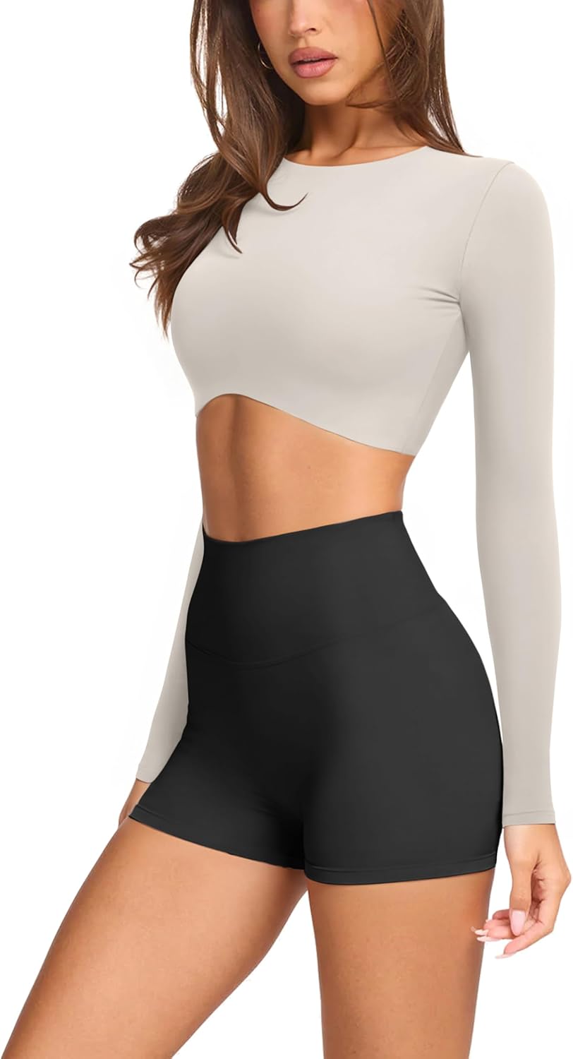 LASLULU Womens Sexy Double Lined Long Sleeve Shirts Crewneck Workout Tops Athletic Yoga Shirts Going Out Crop Tops - Image 2