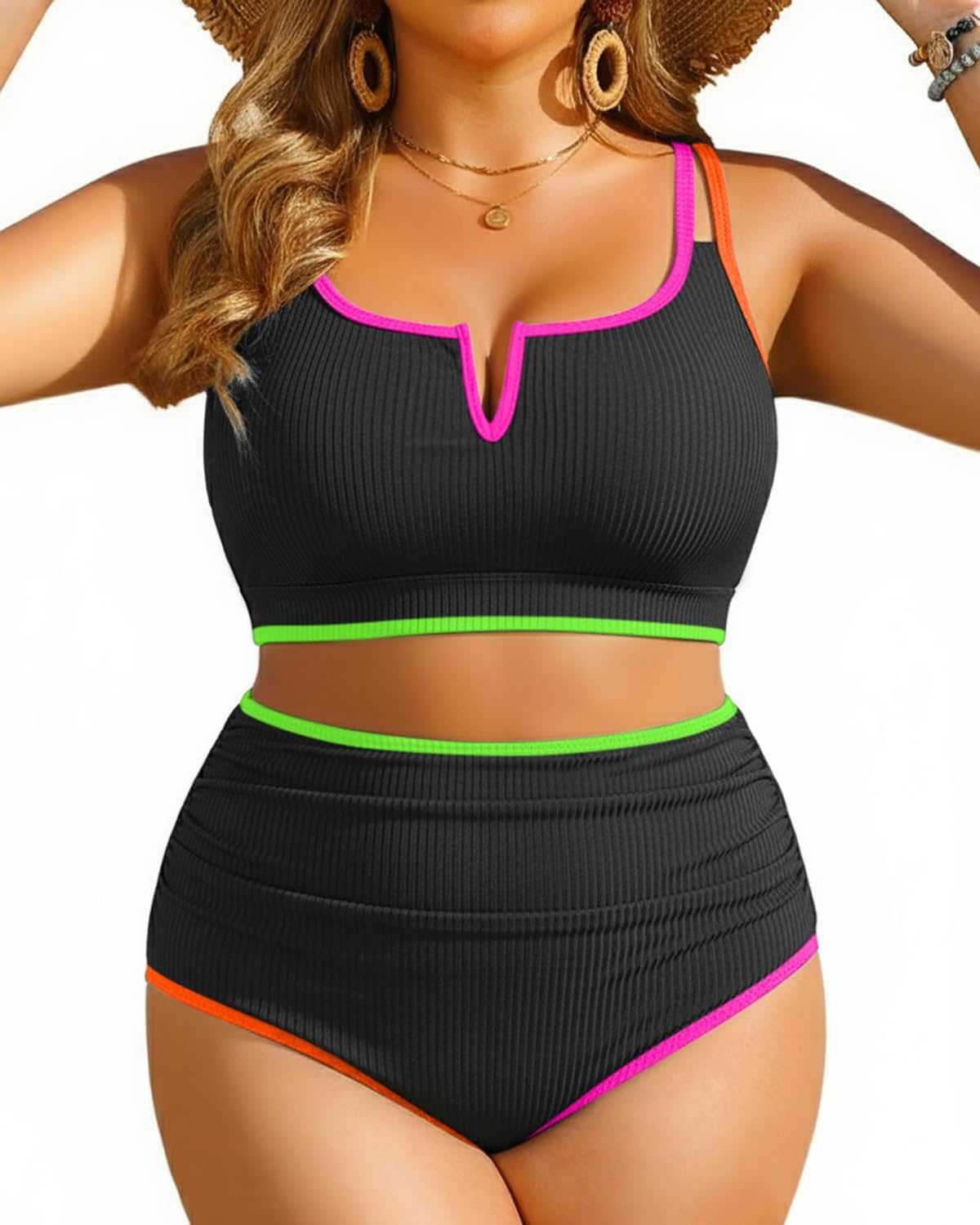 Yonique Women Plus Size High Waisted Bikini - Ribbed Two Piece Swimsuit Tummy Control Bathing Suit V-Wired 2026 Swimwear