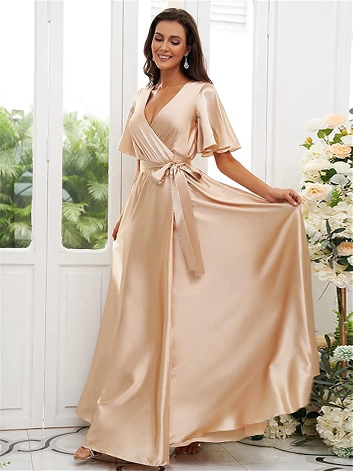 OFEECHUN Women's V Neck Satin Bridesmaid Dresses with Sleeves Slit A Line Long Formal Dress Party Gowns - Image 4
