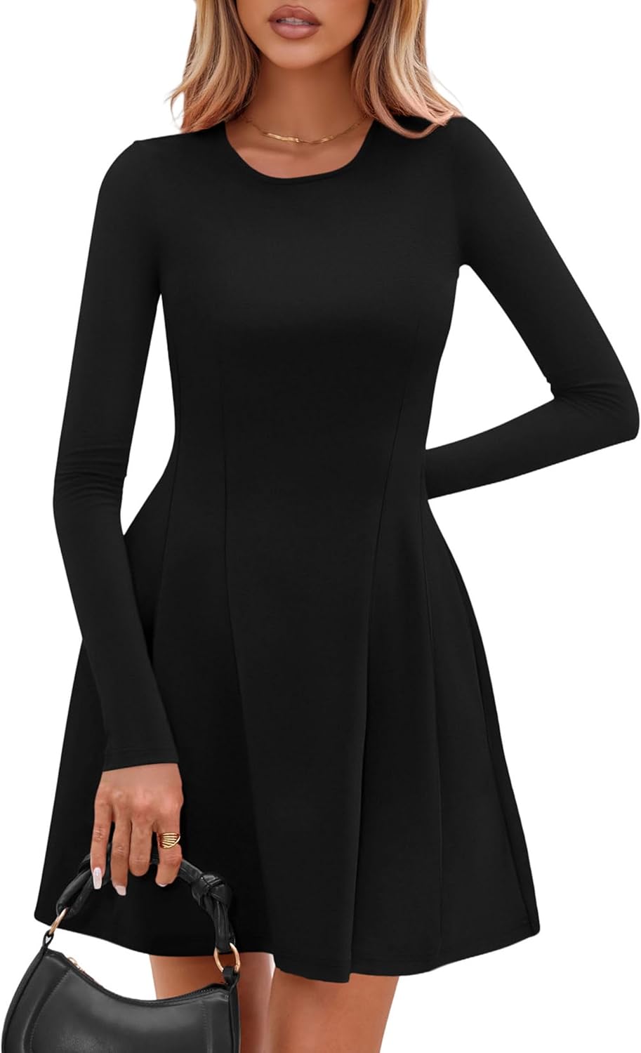 PRETTYGARDEN Long Sleeve Mini Dress for Women 2026 Spring Crewneck Knit Pleated Babydoll A Line Casual Short Party Dresses - Image 6
