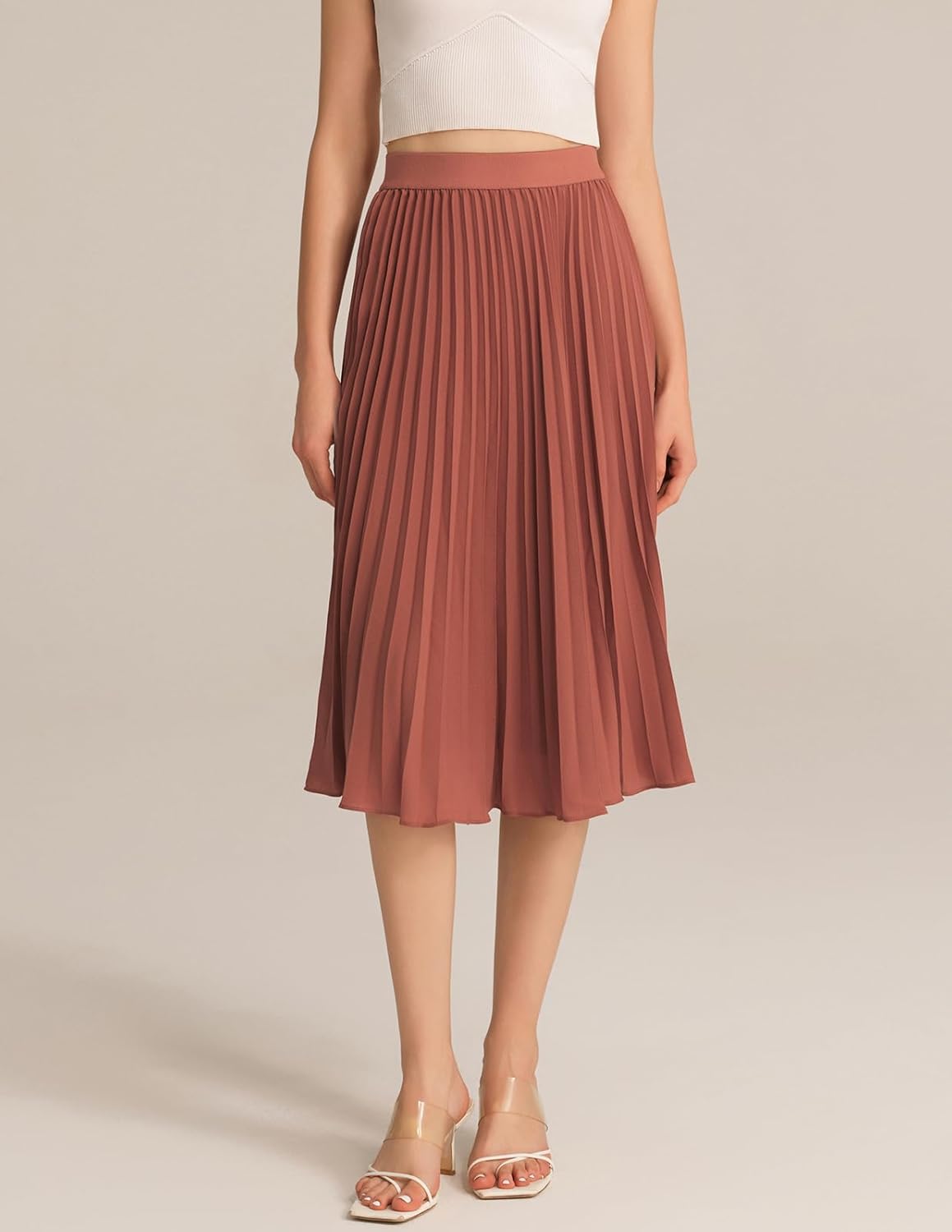 GRACE KARIN Pleated Midi Skirt for Women,Summer Chiffon Elastic High Waist Knee Length Skirts, Swing A-Line Boho Outfits - Image 3