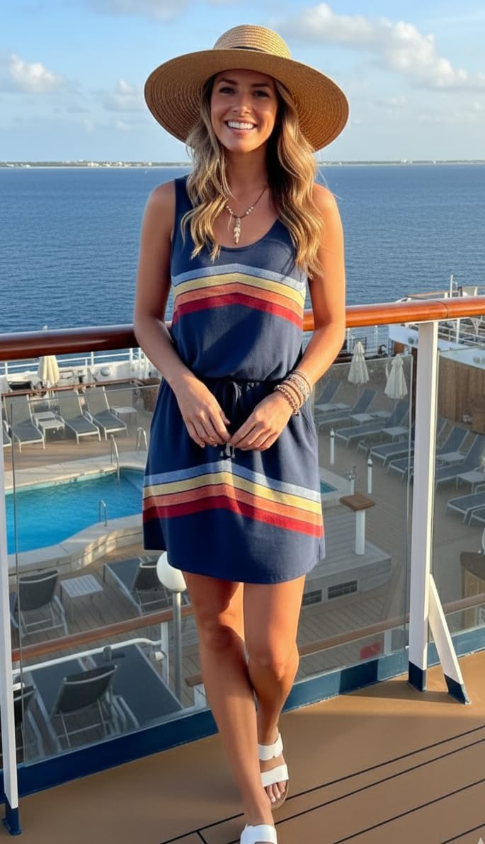 ETCYY NEW Womens Summer Striped Dresses Casual Sleeveless T Shirt Dress Drawstring Waist Sundress with Pockets - Image 2