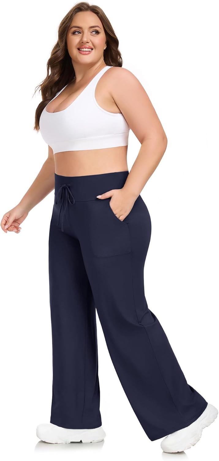 HLTPRO 3 Pack Lounge Pants Women Plus Size Wide Leg Pants Woman with Pockets Casual Pajama Palazzo Black Pant for Yoga - Image 2
