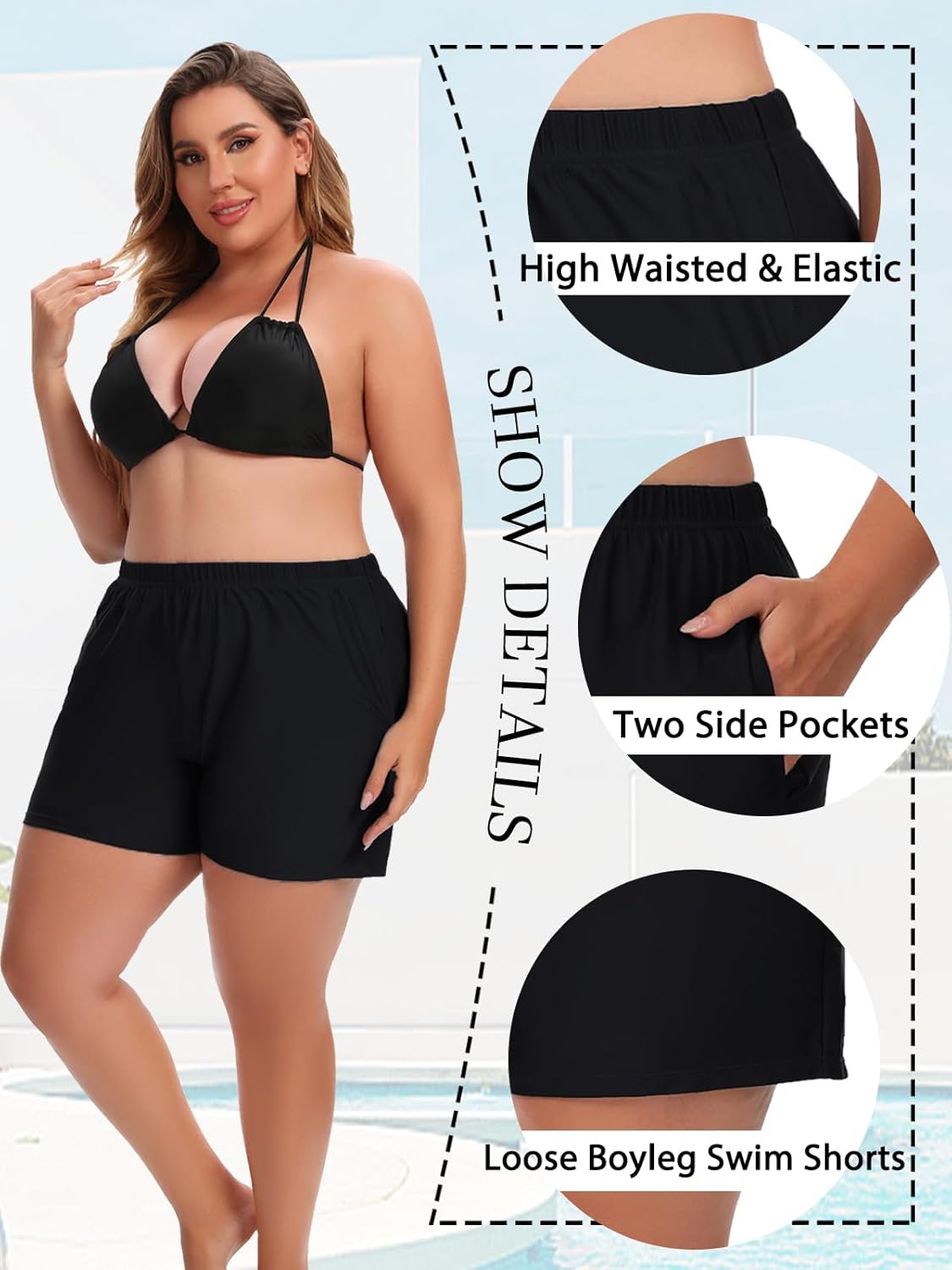Women's Plus Size Swim Shorts High Waisted Bathing Suit Bottoms Long Swimsuit Board Short Tankini Trunks with Pocket - Image 3