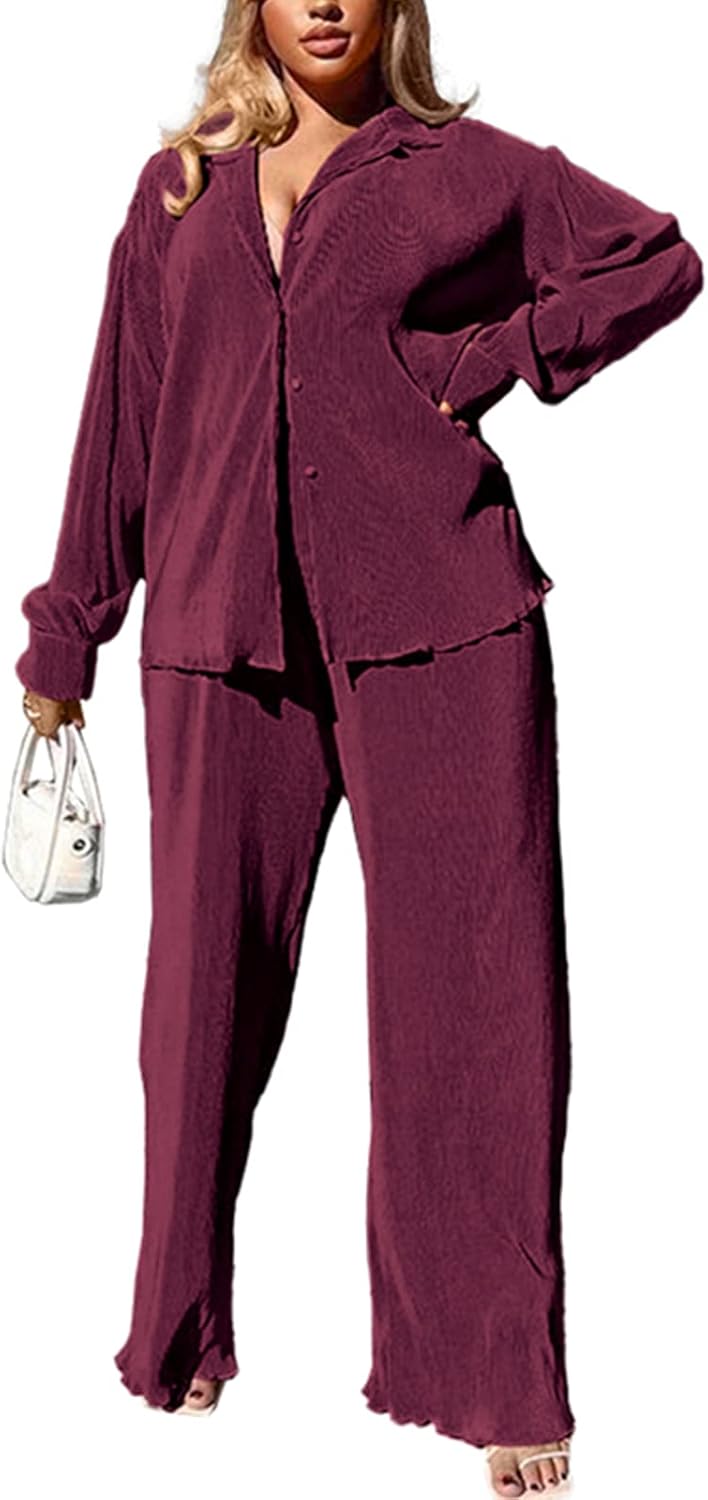 kaimimei Casual 2 Piece Outfit for Women - Linen Long Sleeve Button Down Shirt + Flare Pleated Wide Leg Pants Sets Streetwear - Image 2