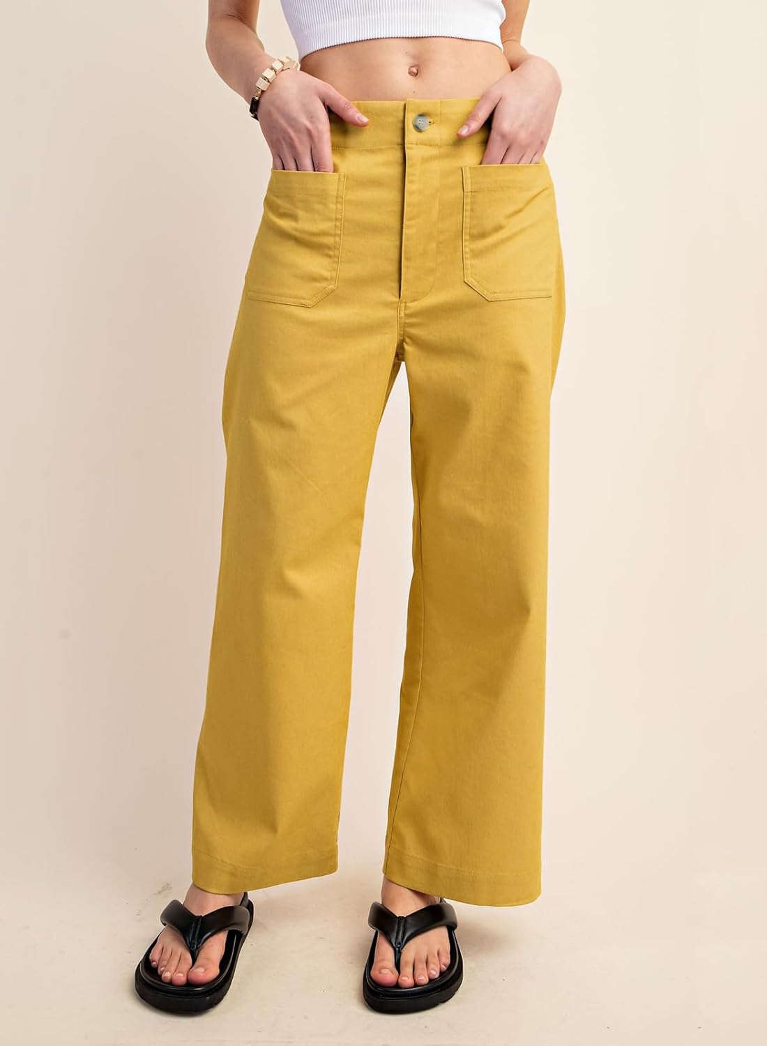 miduo Womens High Waisted Cropped Wide Leg Stretchy Straight Pants Trousers with Pockets - Image 2