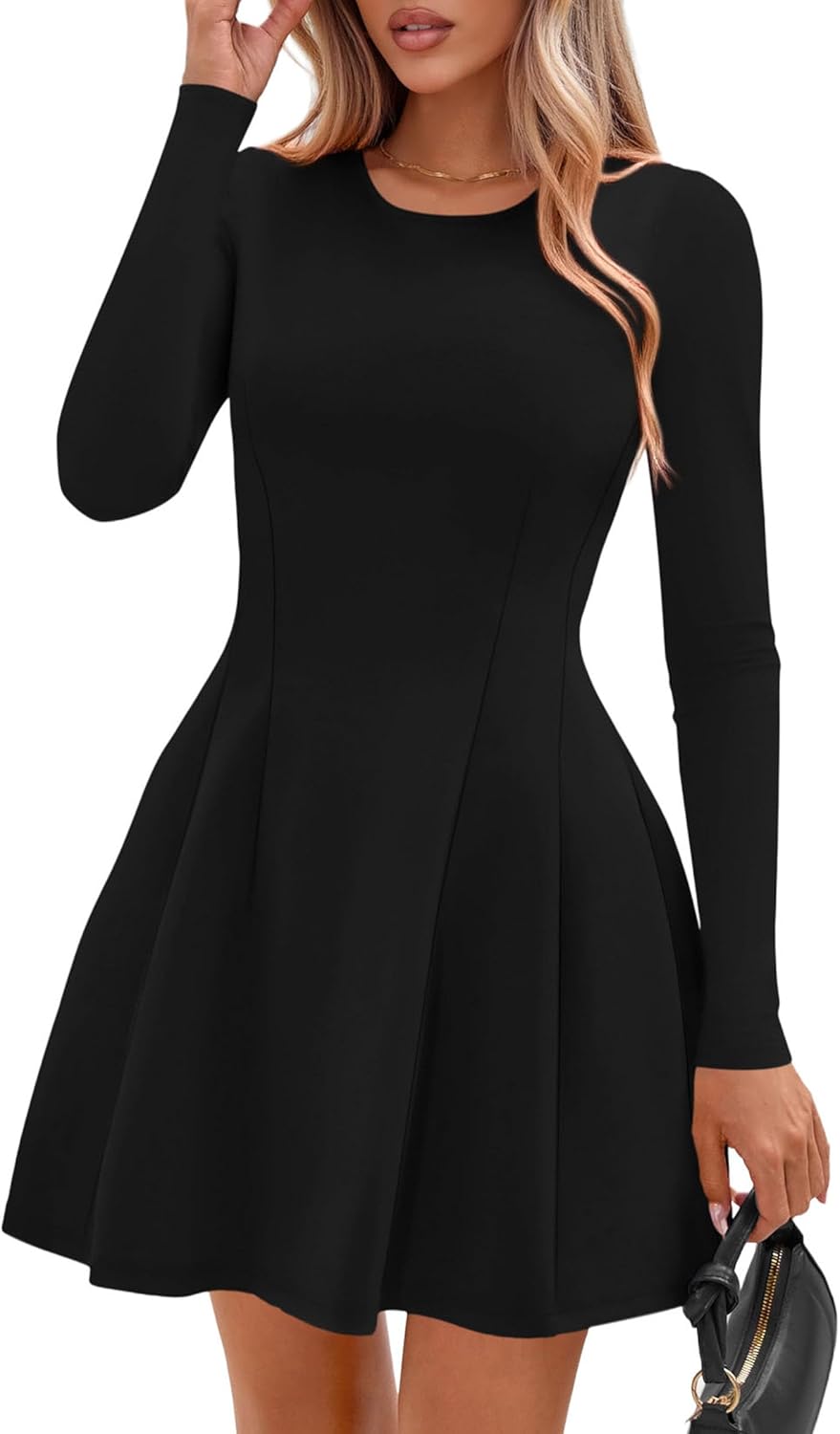 PRETTYGARDEN Long Sleeve Mini Dress for Women 2026 Spring Crewneck Knit Pleated Babydoll A Line Casual Short Party Dresses - Image 8