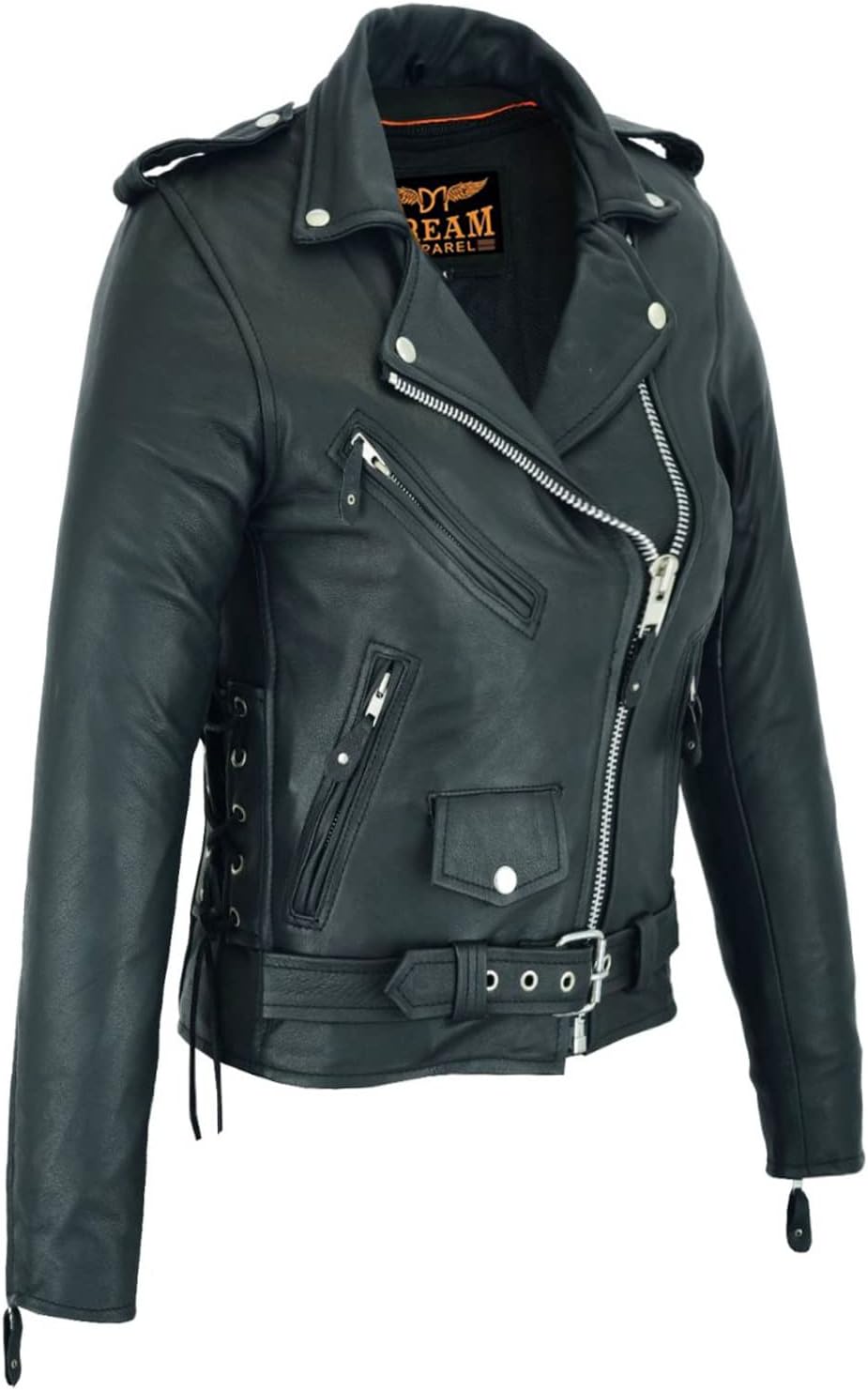 Dream Apparel Women’s Classic Leather Motorcycle Jacket with Zip Out Lining, Biker Jacket for Ladies with Side Laces, Black - Image 2