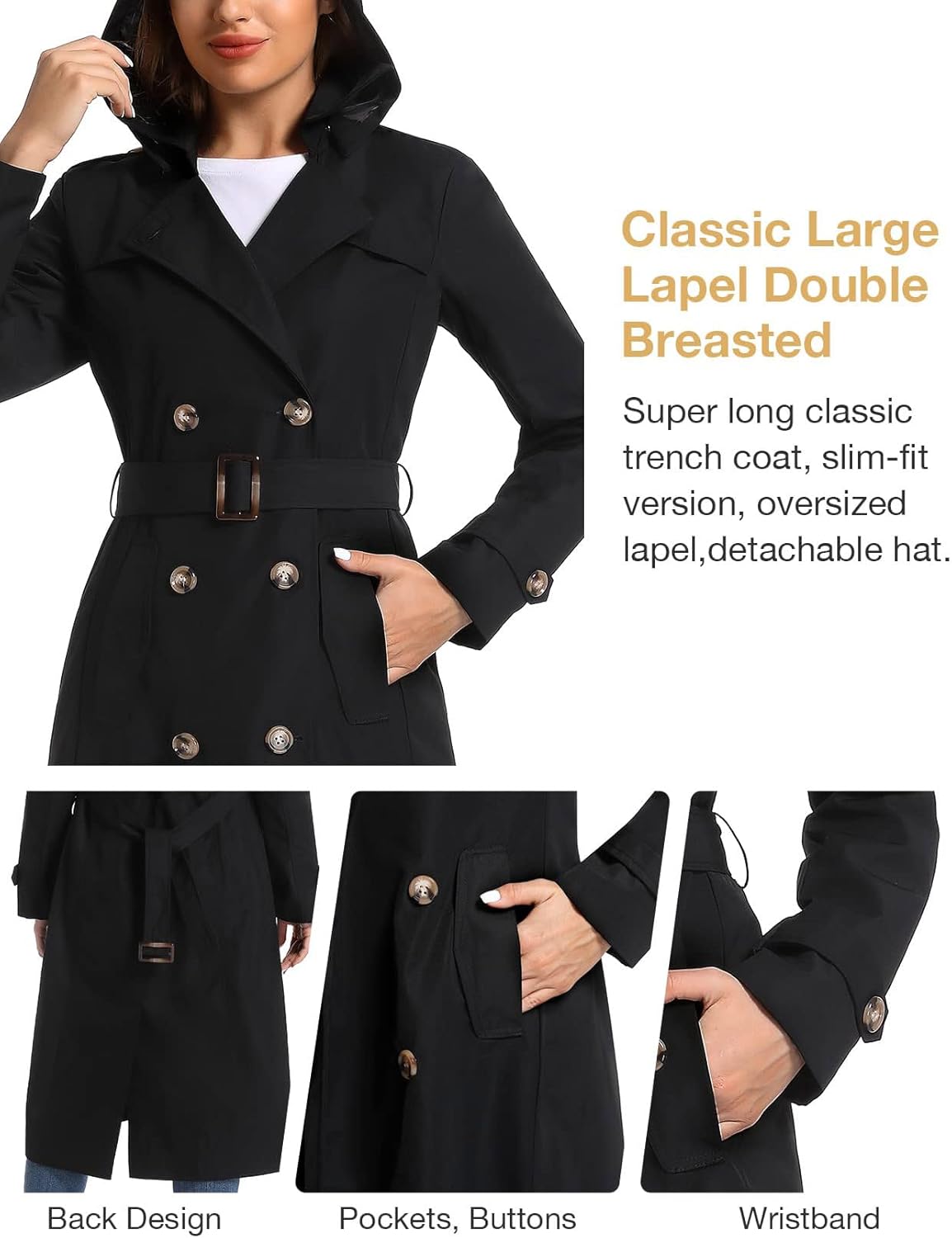 Women's Waterproof Long Trench Coat Double Breasted Length Classic Lapel Belt Coat With Removable Hood - Image 4