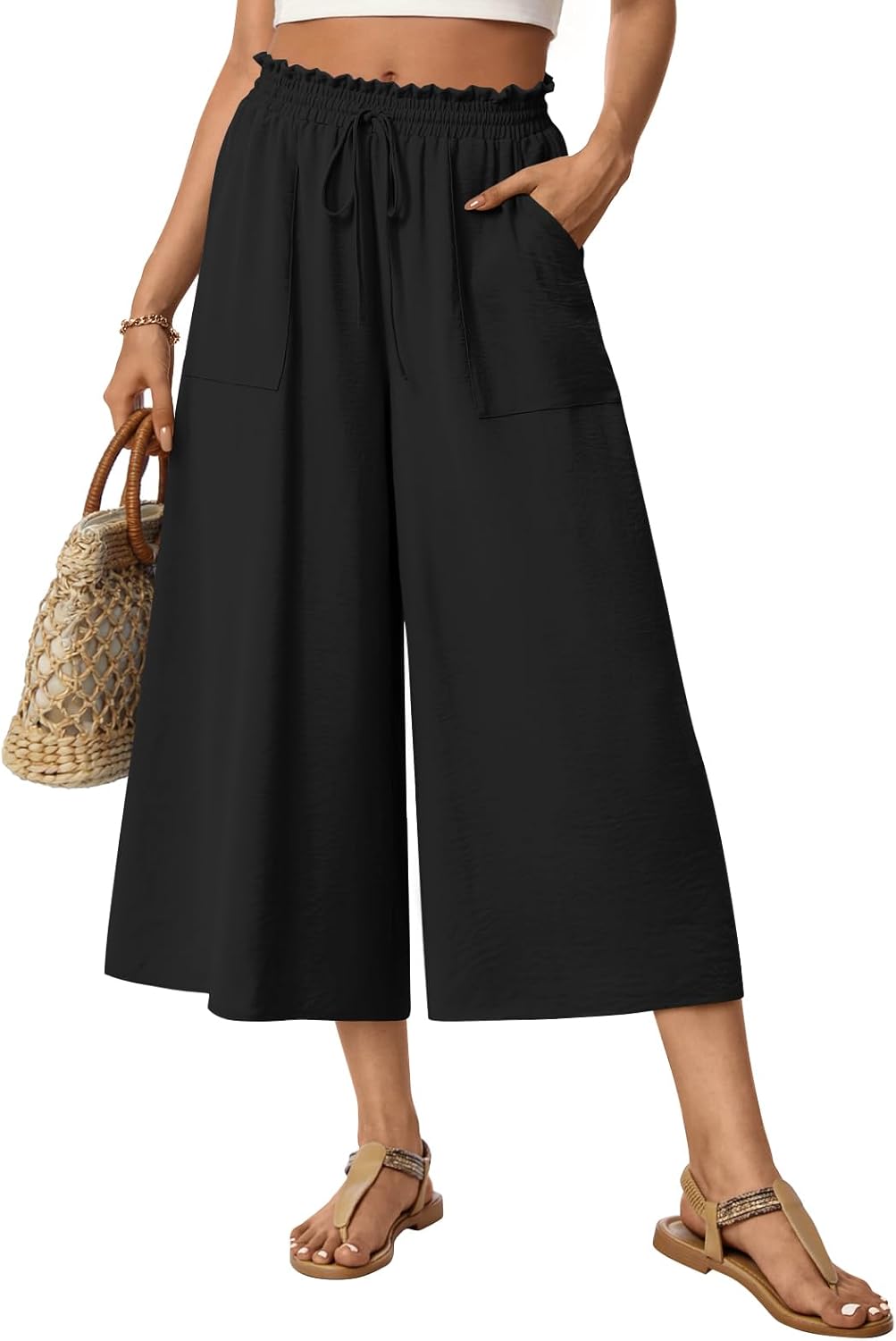 Anyhold Womens Capri Pants Wide Leg Gaucho Pant Dressy Casual Culottes Elastic Waist with Pockets