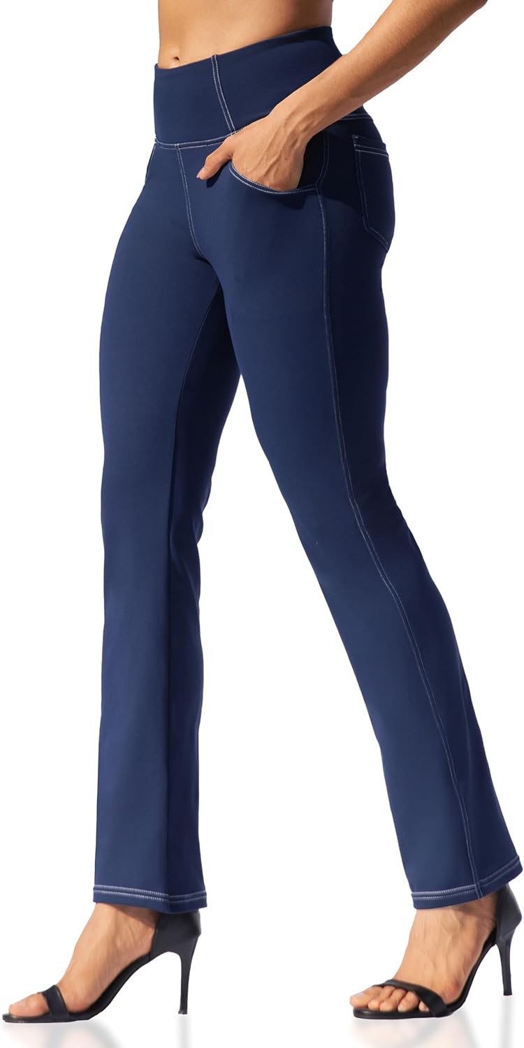 VOOVEEYA Womens Straight Leg Leggings, High Waisted Yoga Pants with Pockets Tummy Control Bootcut Casual Dress Pants