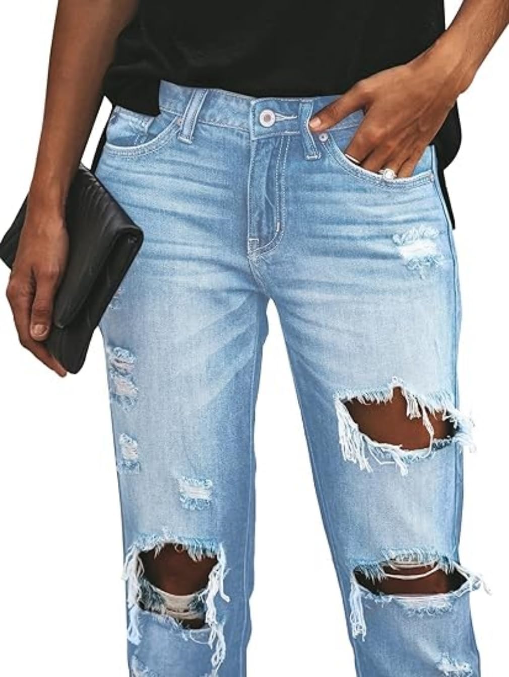 Women's Distressed Mid Waisted Boyfriend Jeans Loose Fit Ripped Stretchy Denim Pants - Image 4