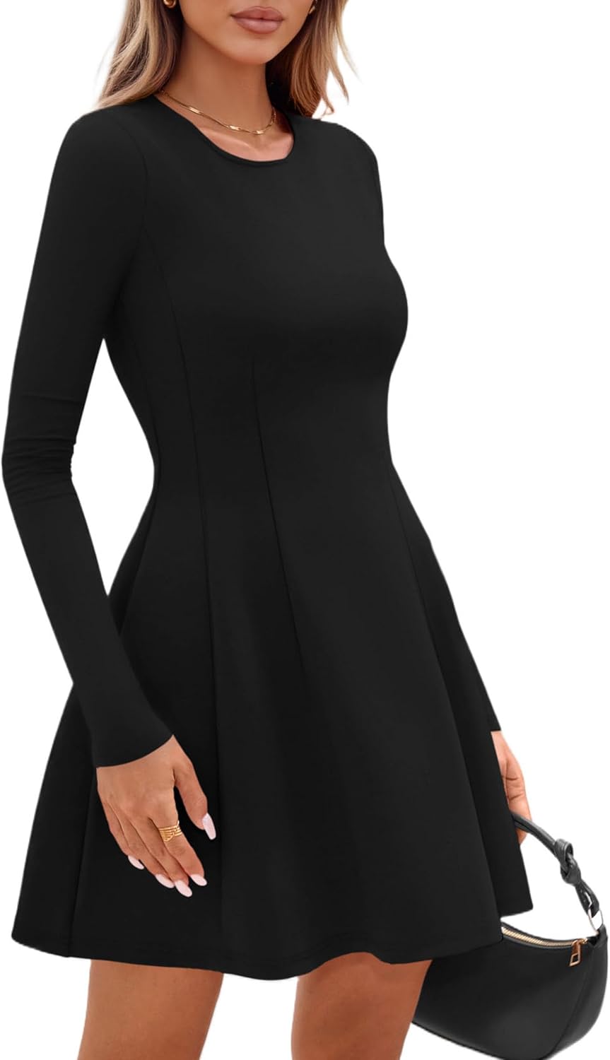 PRETTYGARDEN Long Sleeve Mini Dress for Women 2026 Spring Crewneck Knit Pleated Babydoll A Line Casual Short Party Dresses - Image 4