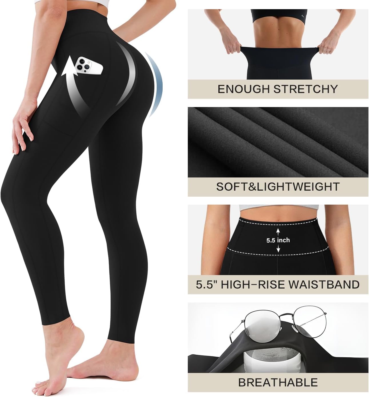 Blisset 3 Pack High Waisted Leggings for Women with Pockets Soft Active Tummy Control Pants for Yoga Running & Daily Wear - Image 5