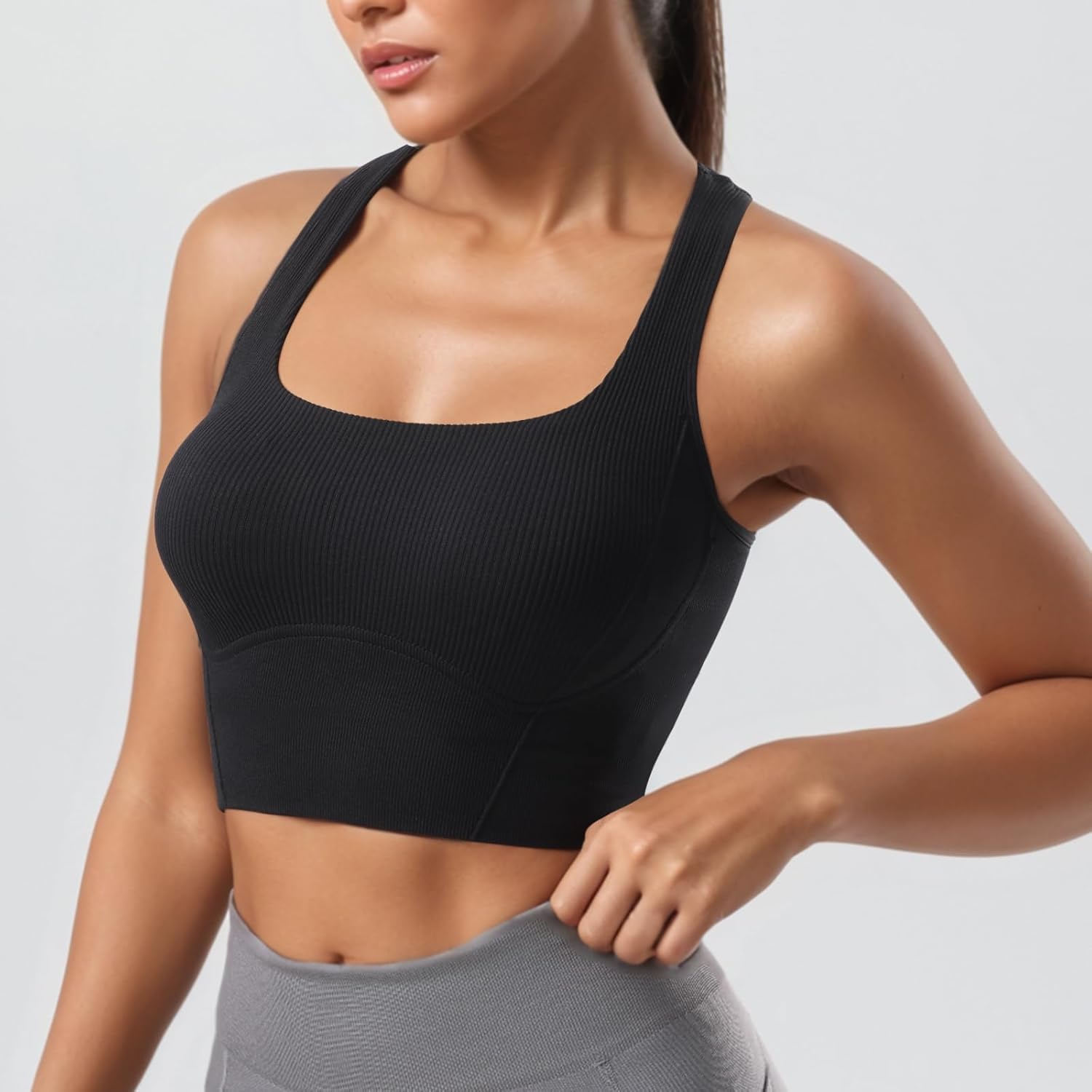 Women Square Neckline Sports Bra Padded Basic Workout Y-Back Racerback Cropped Tank Top - Image 2