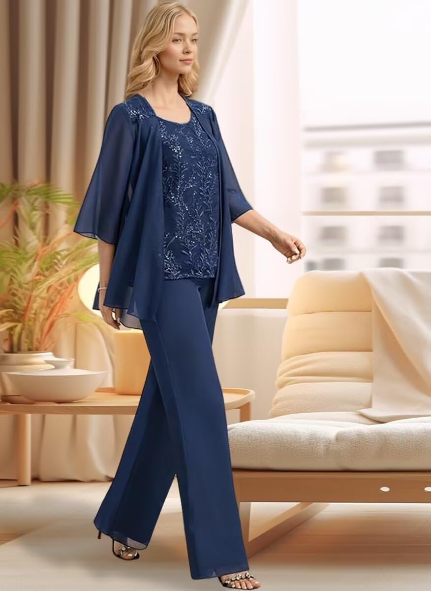 Chiffon Mother of The Bride Pant Suits 3 Pieces Lace Appliques Women Dressy Formal Outfit with Jacket KW001 - Image 3