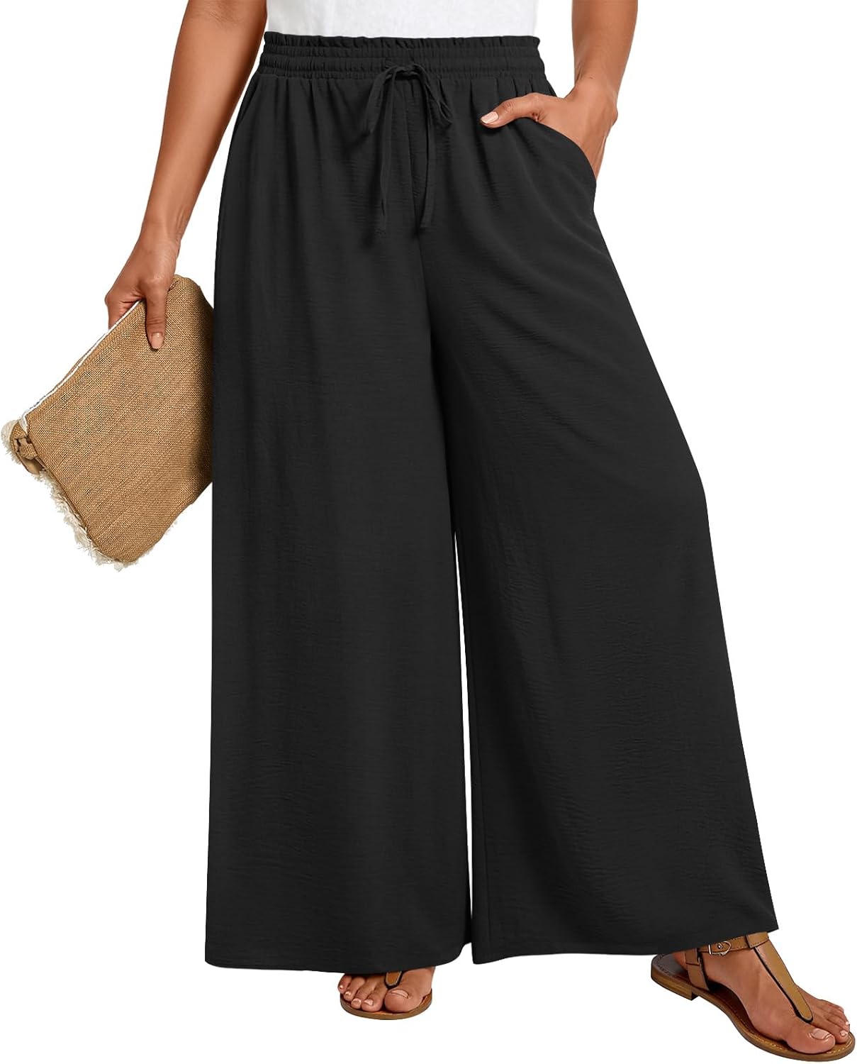 LONGYUAN Womens Plus Size Wide Leg Casual Palazzo Pants with Pockets 1X-5X - Image 2