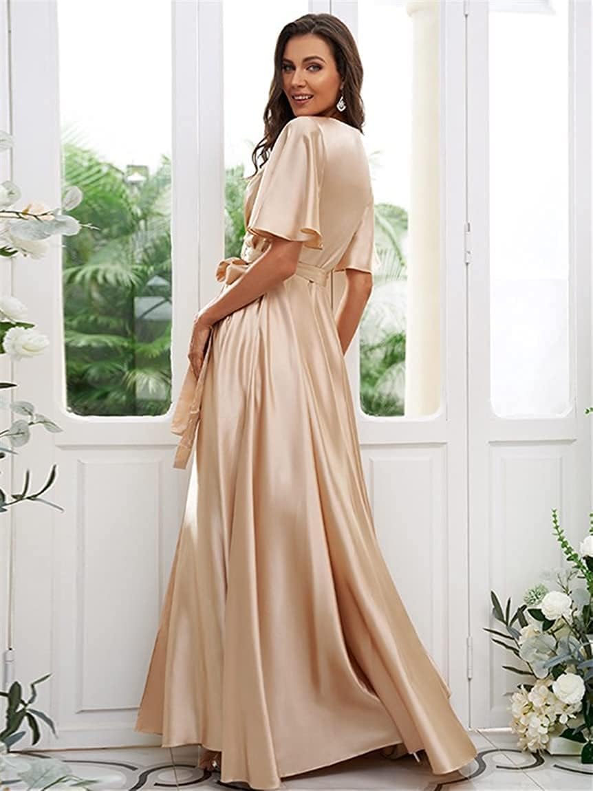 OFEECHUN Women's V Neck Satin Bridesmaid Dresses with Sleeves Slit A Line Long Formal Dress Party Gowns - Image 2