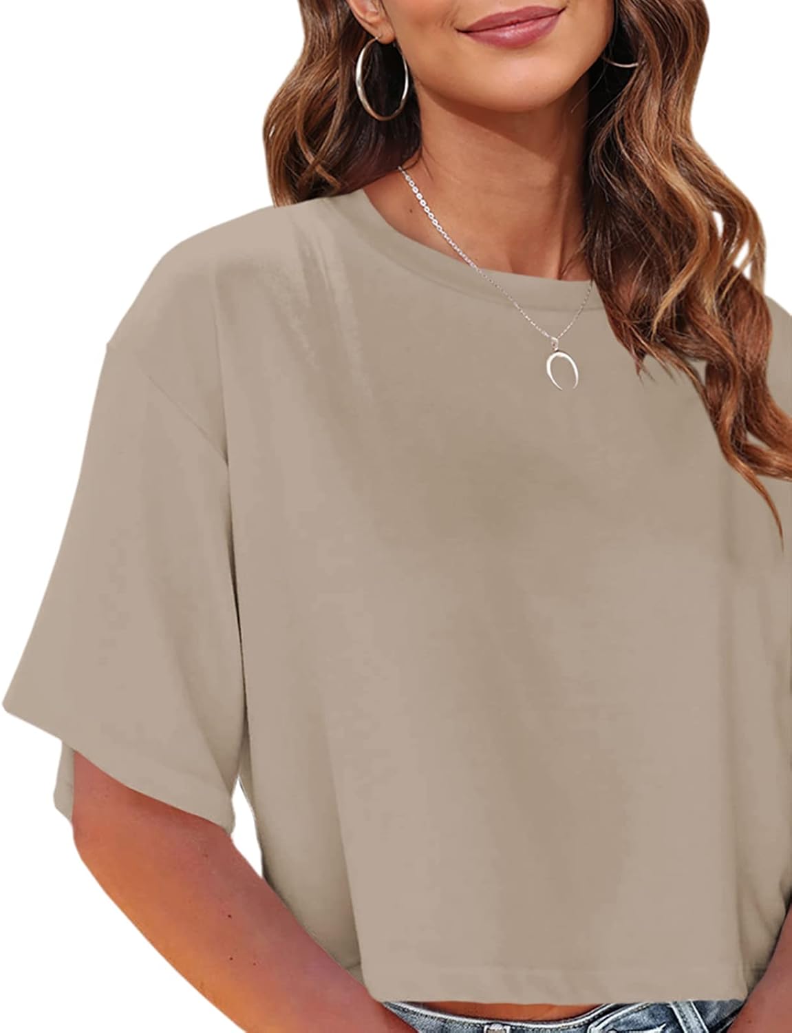 Tankaneo Women Half Sleeve Cropped T-Shirts Drop Shoulder Round Neck Crop Tops Casual Summer Solid Color Basic Tees - Image 2