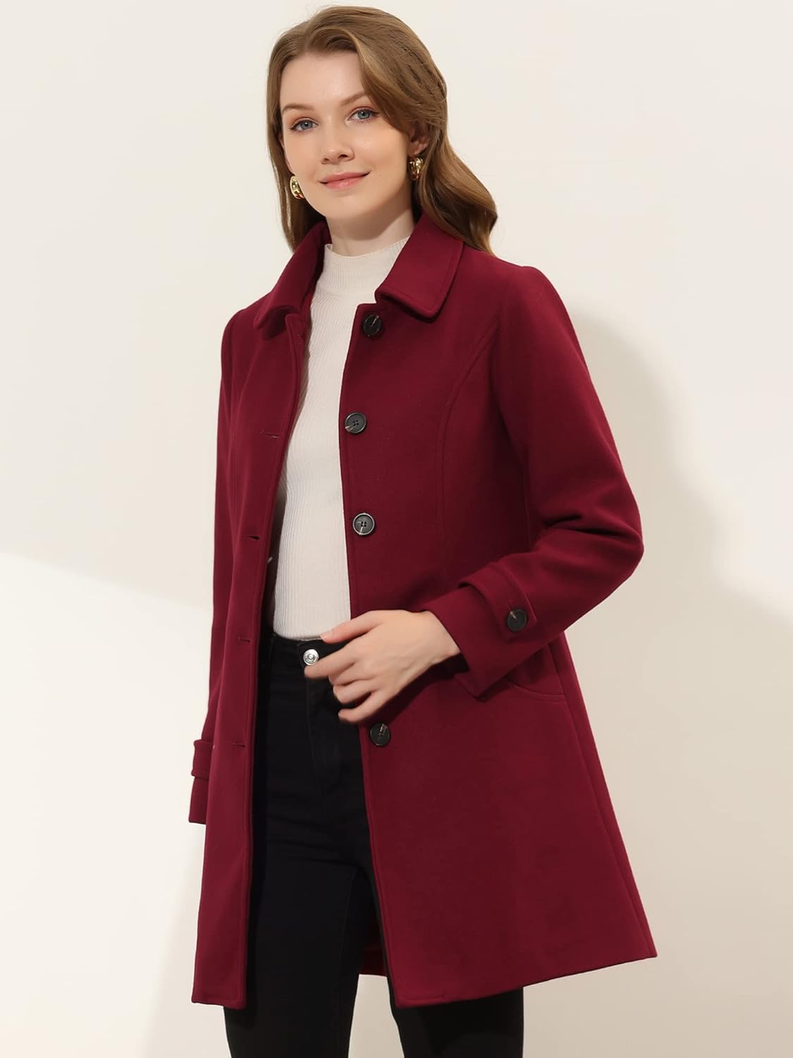 Allegra K Women's Winter Outerwear Overcoat Peter Pan Collar Mid-thigh A-line Single Breasted Pea Coat - Image 3