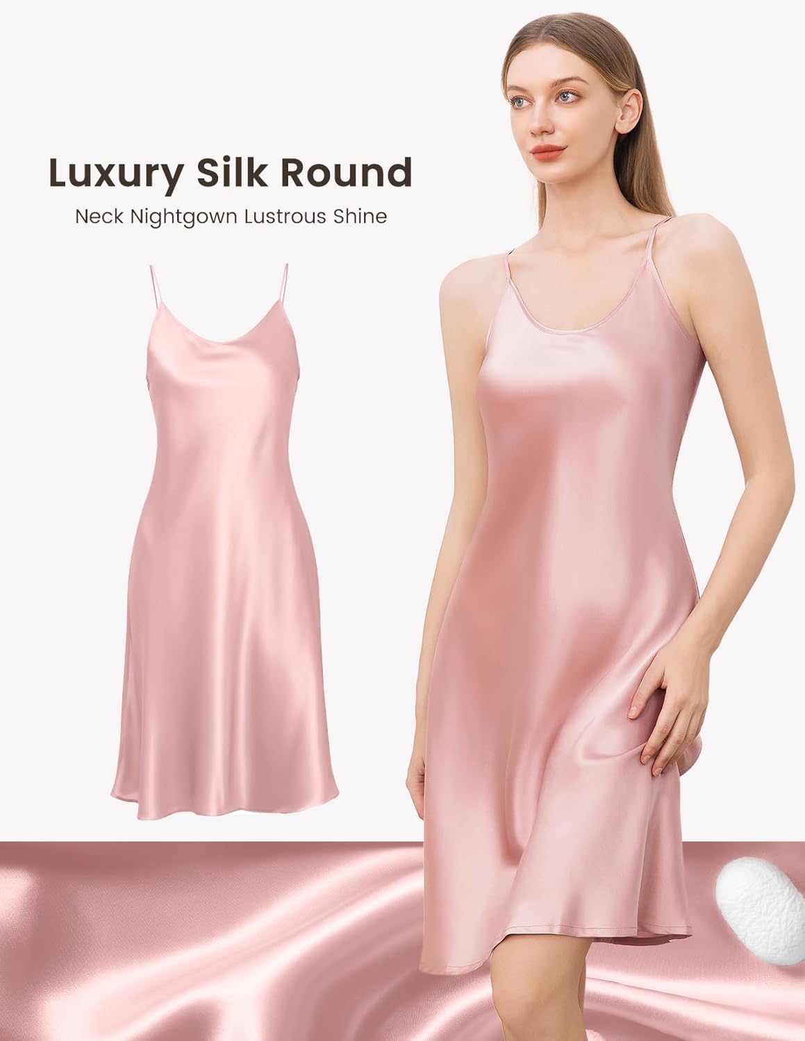 THXSILK 6A+ 100% Mulberry Silk Nightgown for Women, 22 Momme Sexy Silk Slip Dress, Round Neck Long Sleepwear - Image 2